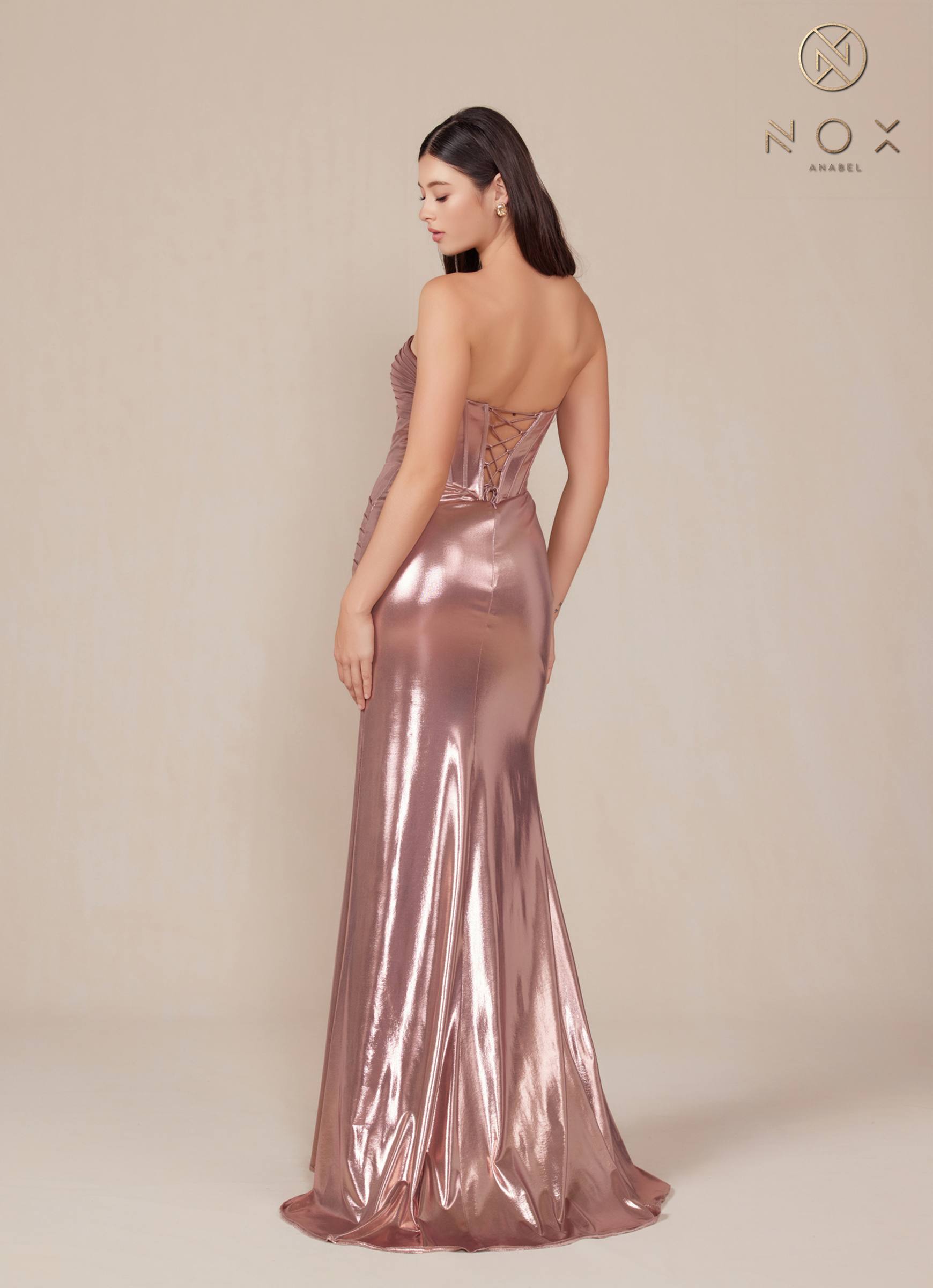 Nox Anabel T1499 Dress Strapless Metallic Satin Fitted Gown by DiscountDressShop