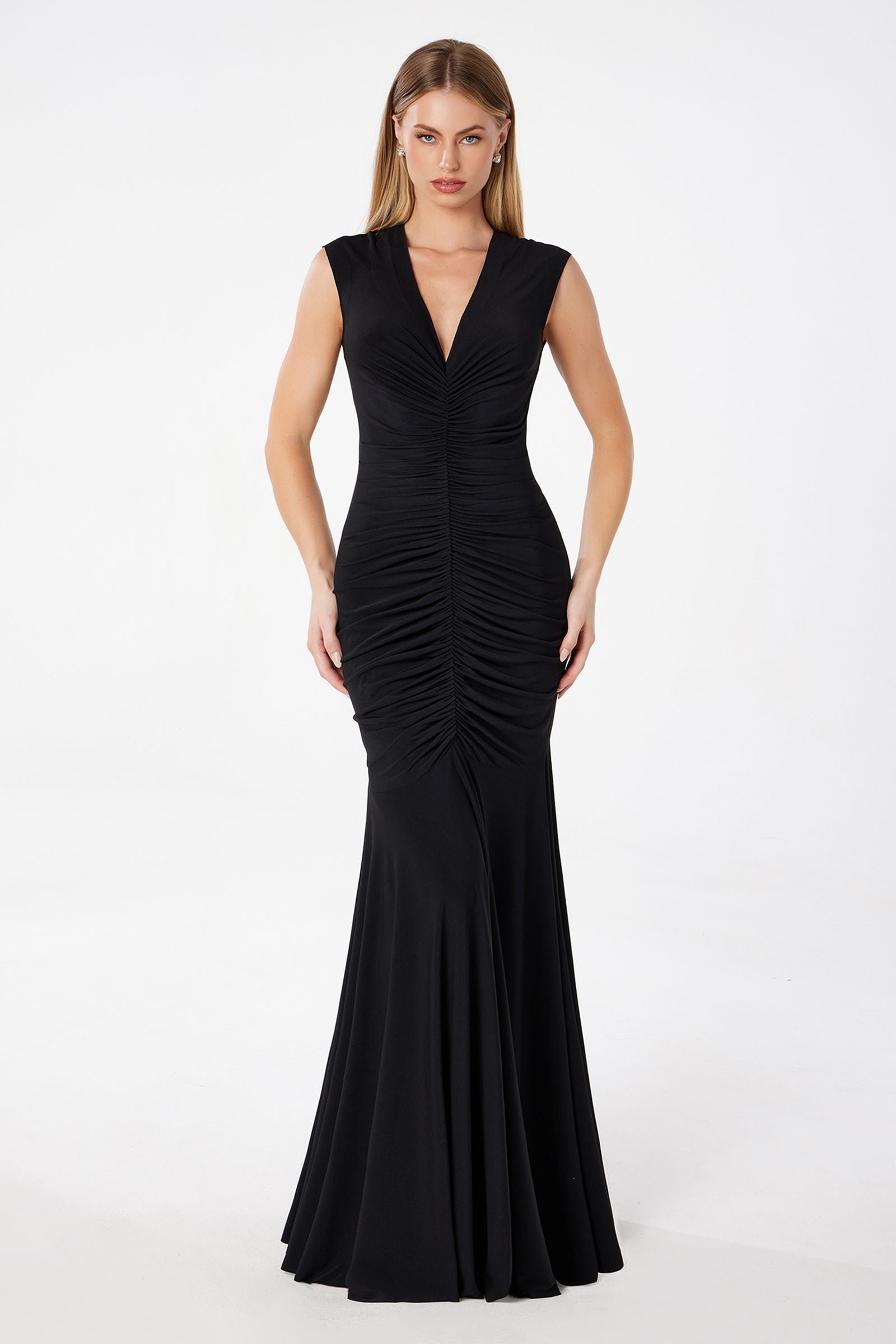 Astee T2009 Long V-Neckline Ruched Mermaid Gown by DiscountDressShop