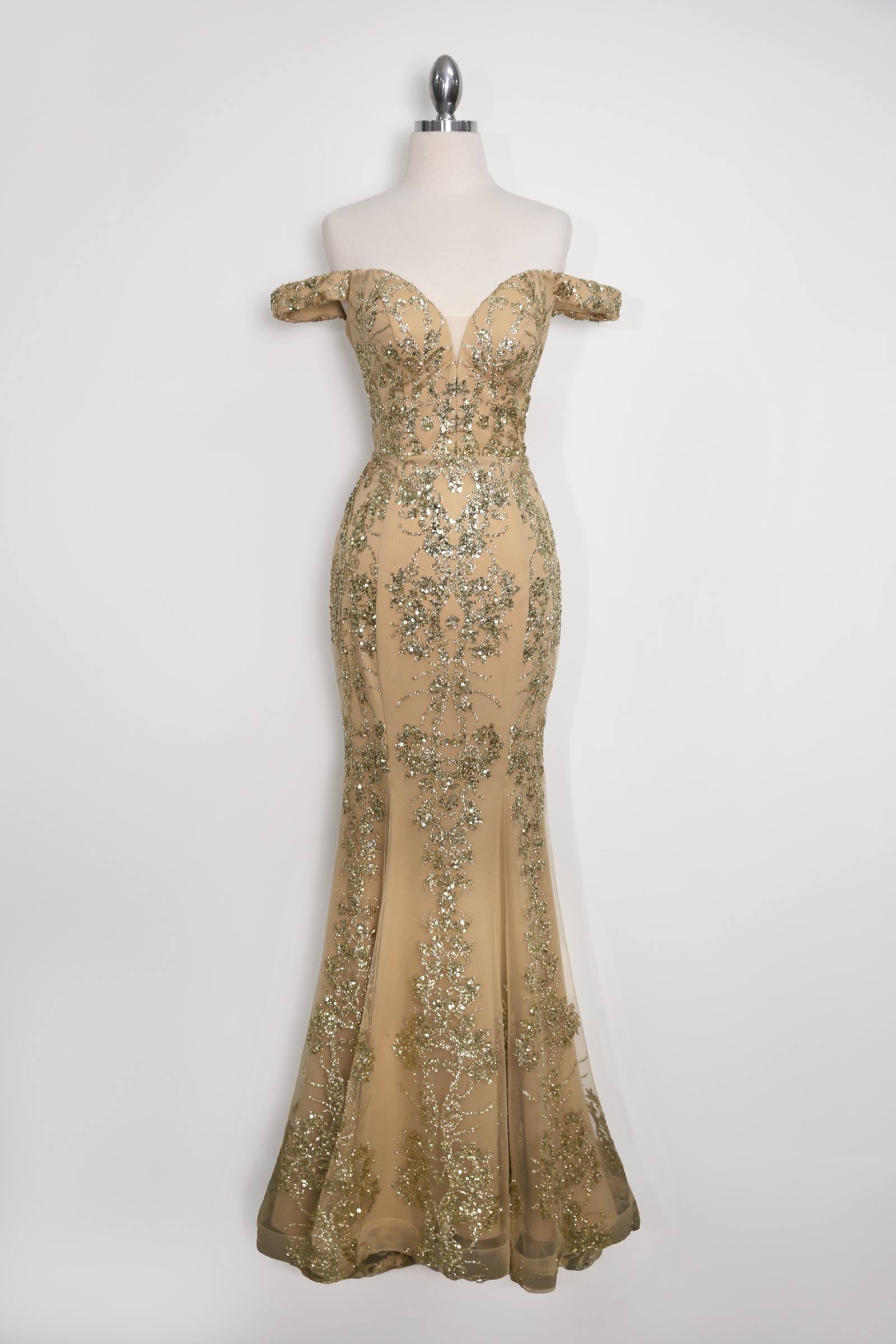 Amoris T613 Fitted Off the Shoulder Sequin Lace Sweep Train Gown by DiscountDressShop