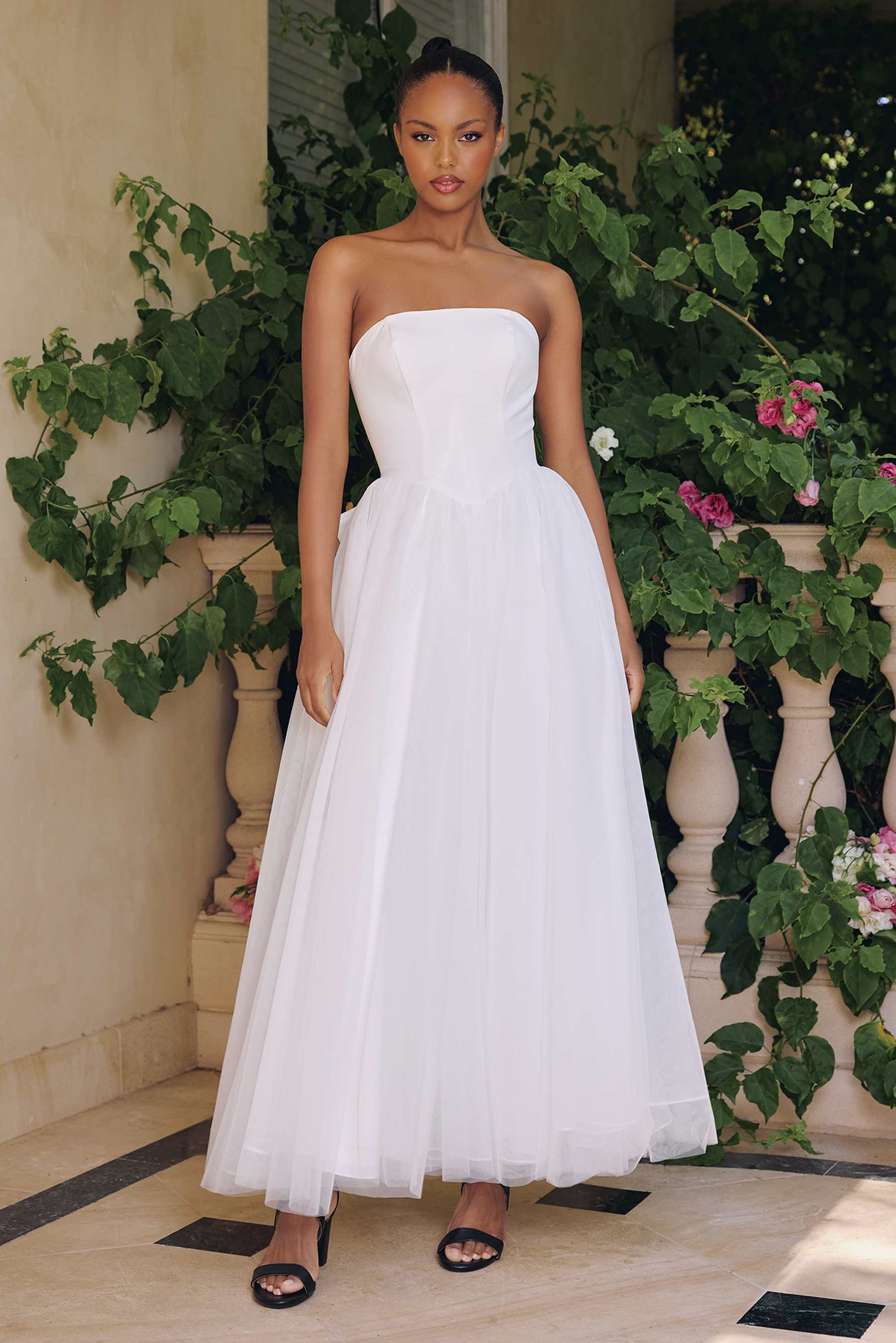 Amoris T712W Strapless Crepe Bodice A-Line Bridal Gown Layered Tulle Skirt by DiscountDressShop