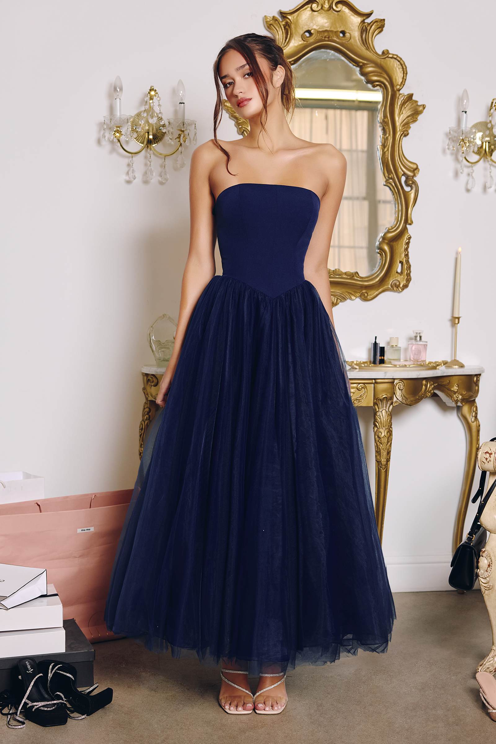 Amoris T712 Strapless Crepe Bodice A-Line Gown Layered Tulle Skirt by DiscountDressShop