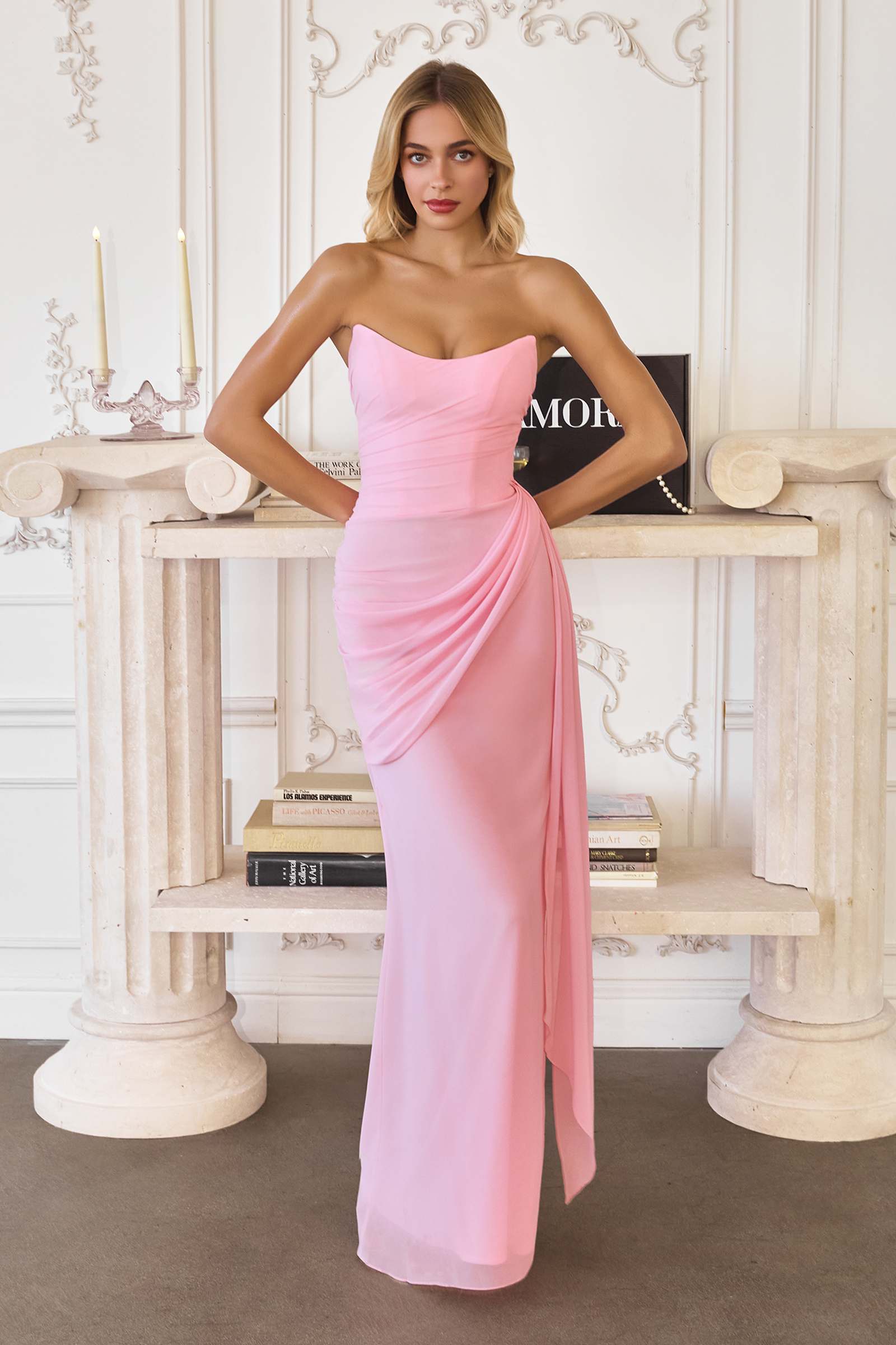 Amoris T726 Strapless Side Sash Chiffon Formal Gown by DiscountDressShop