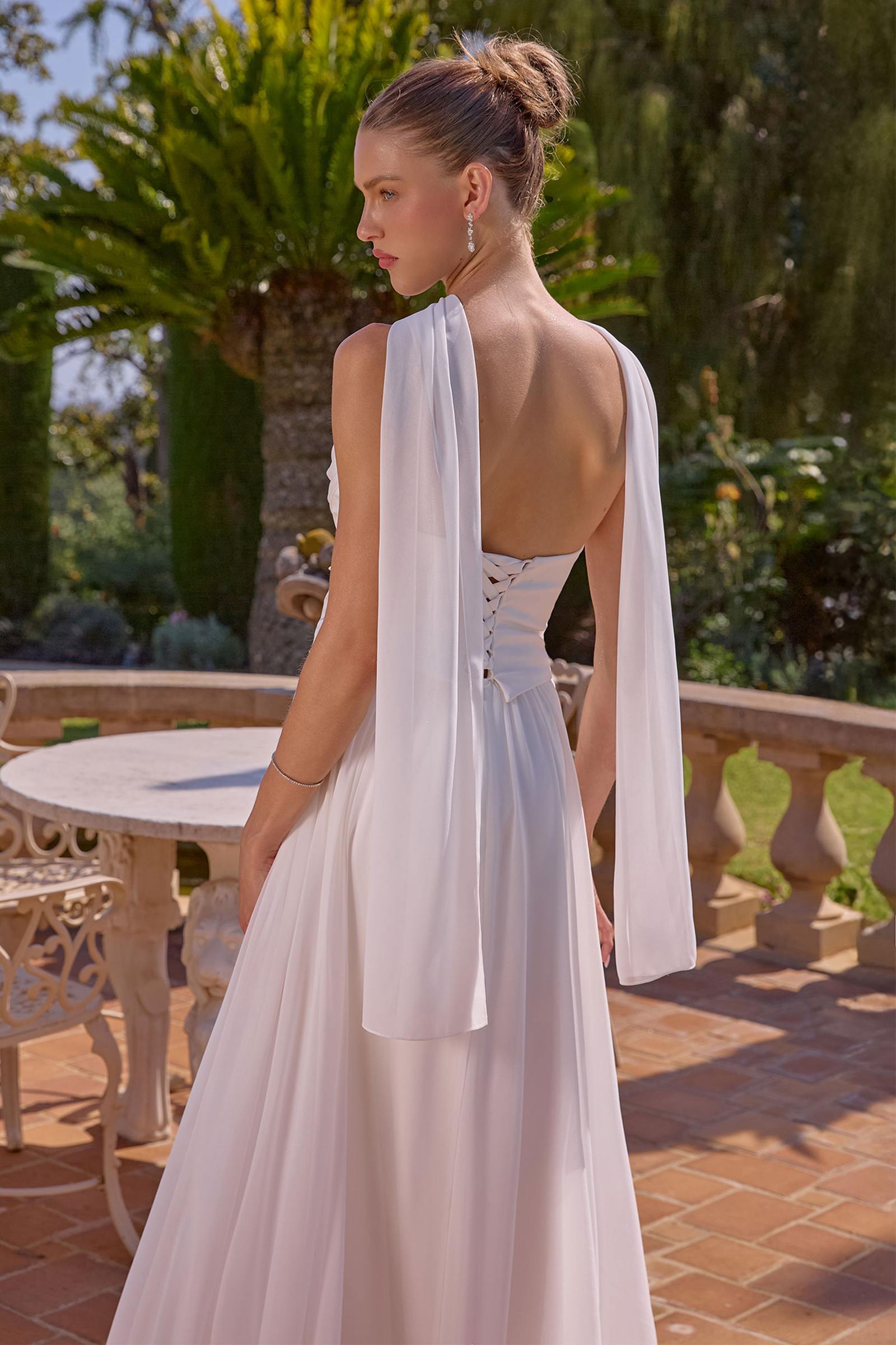 Amoris T741W Flowing A-Line Strapless Chiffon Off White Evening Gown by DiscountDressShop
