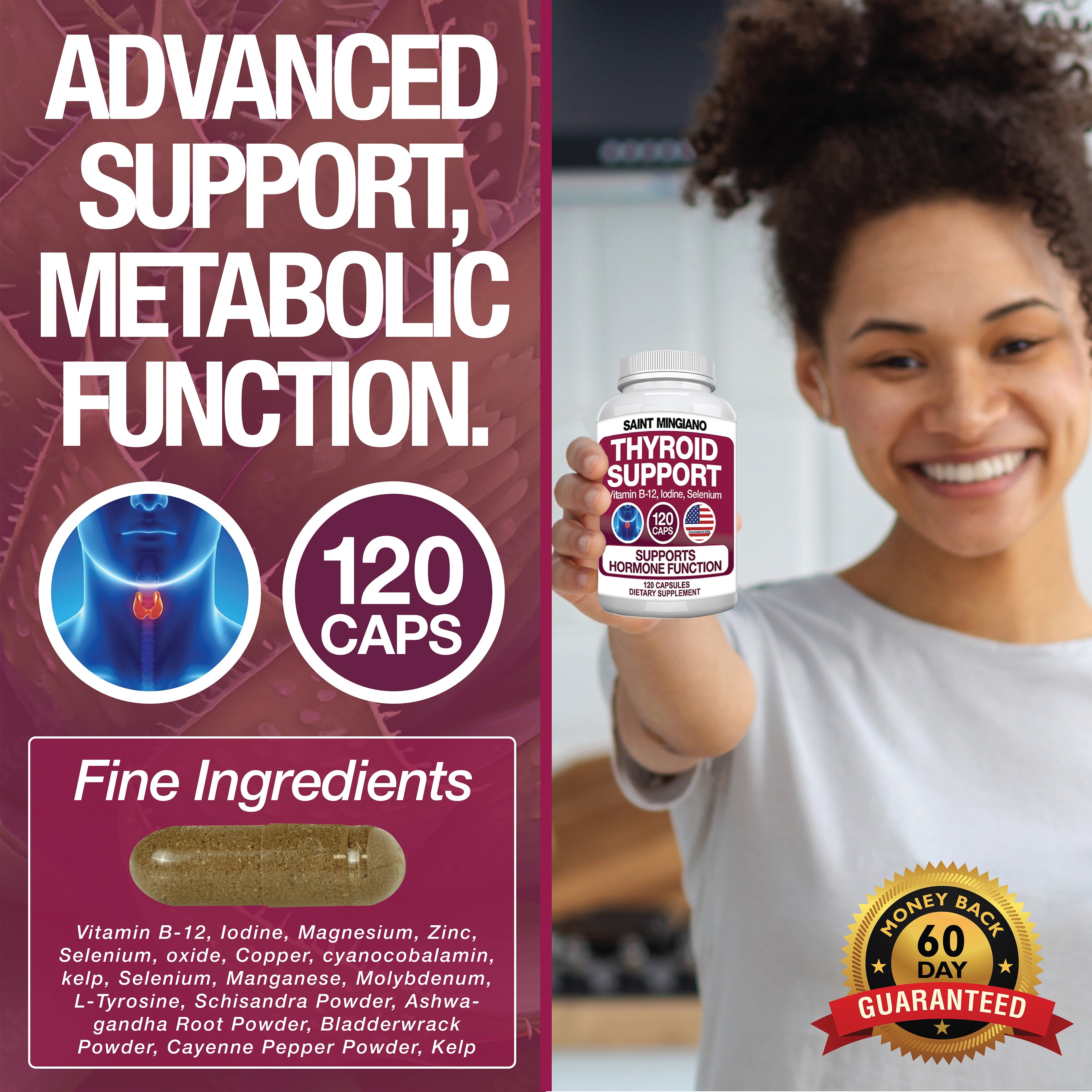 Thyroid Support Supplement with Iodine |120 Capsules to Help Body Mass & Improve Energy by Saint Mingiano - Supplements & Wellness Dedicated to Holistic Health