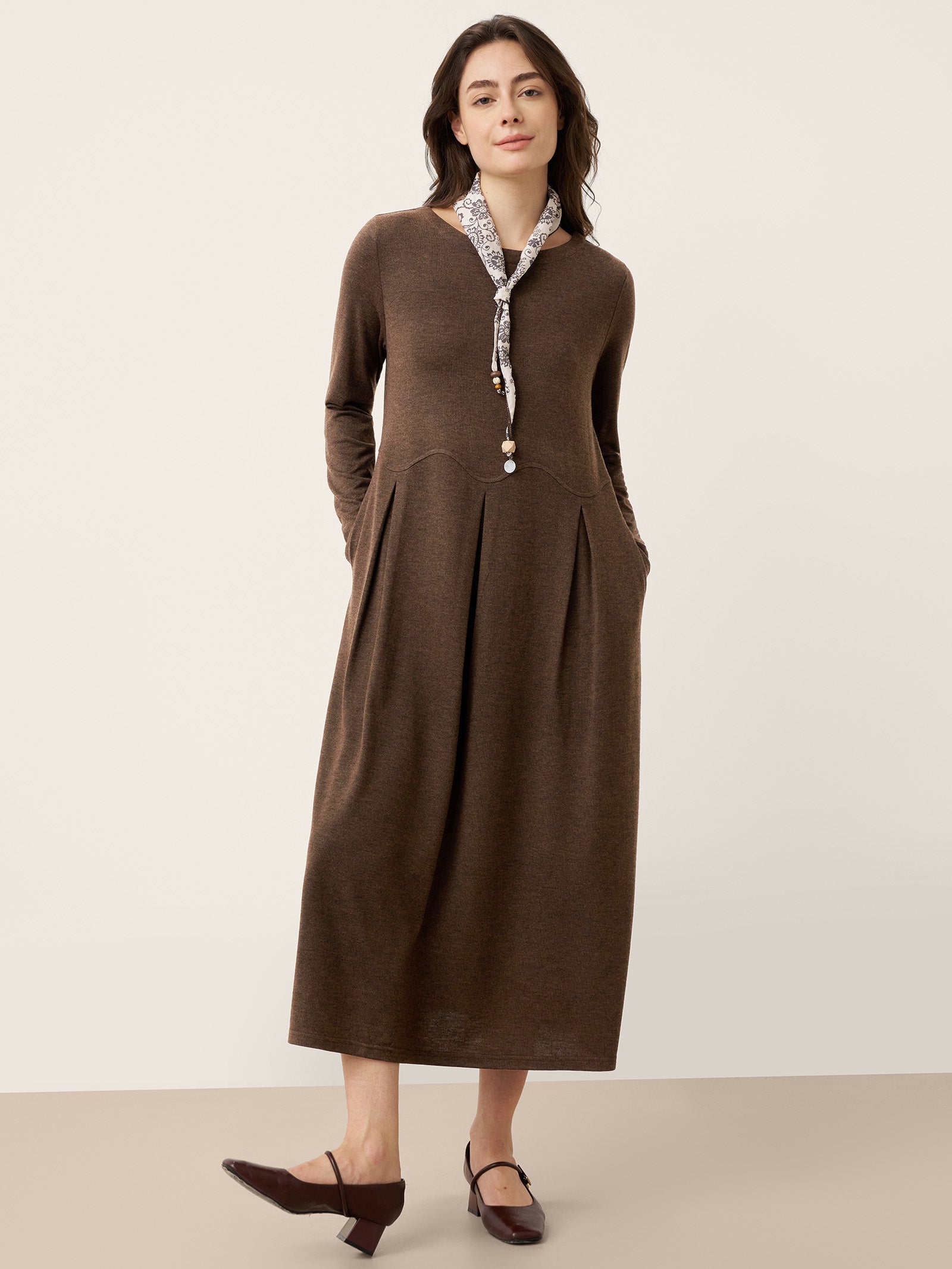 Wool Arc-Panel Sculpted Pleats Midi Dress CALISTA by LINTICO