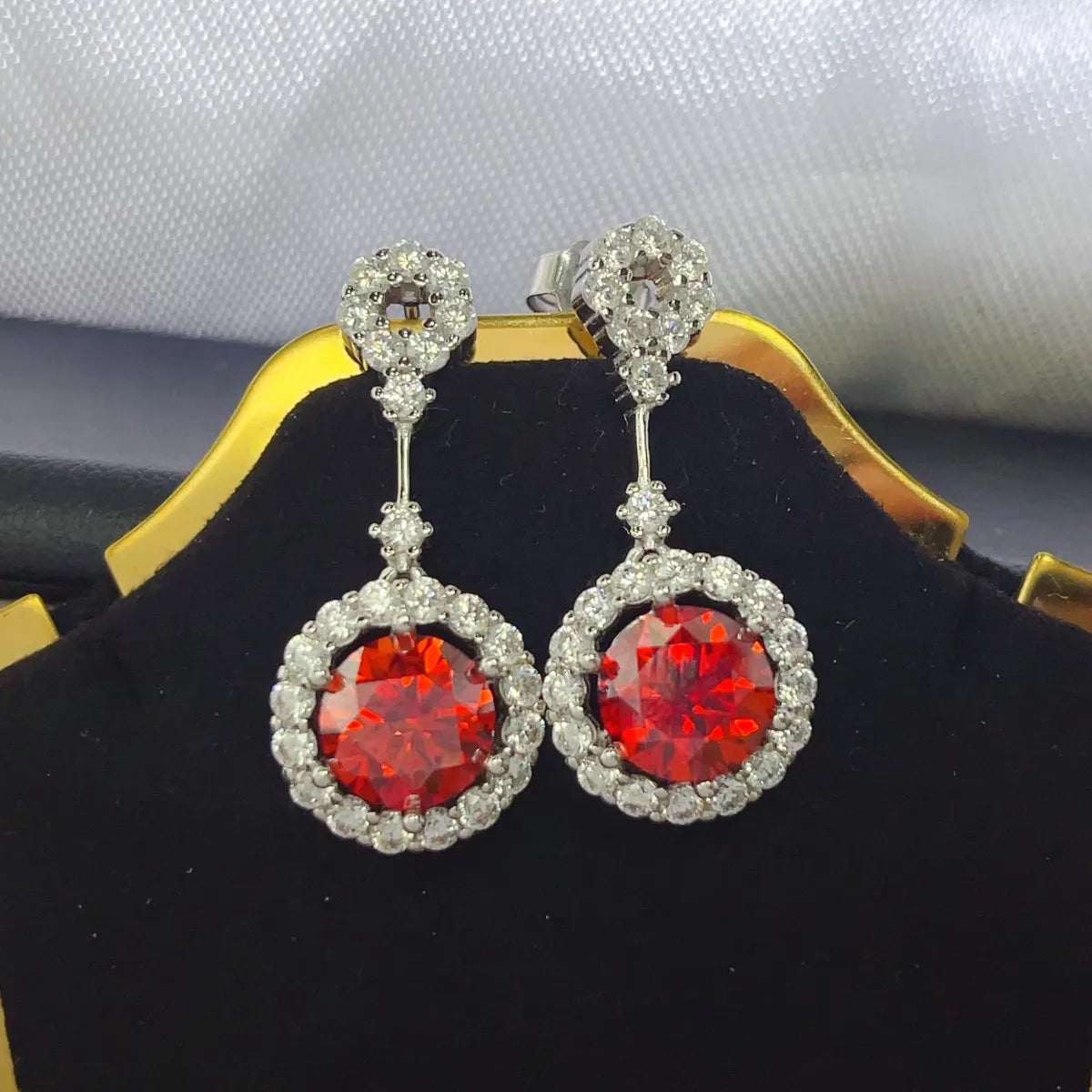 4 Carat Ruby Red Crystal Drop Earrings with Rhinestone Halo by Sparkala
