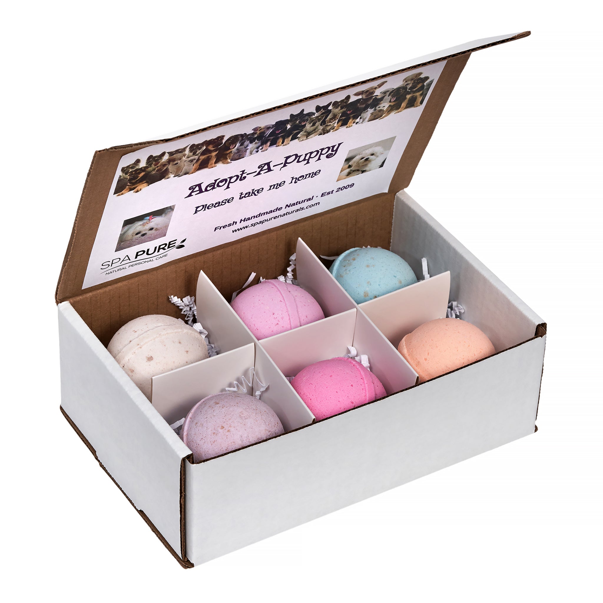 Adorable Kids Bath Bomb Gift Set, 6 Bath Bombs with (ADOPT-A-PUPPY) toys inside by Spa Pure