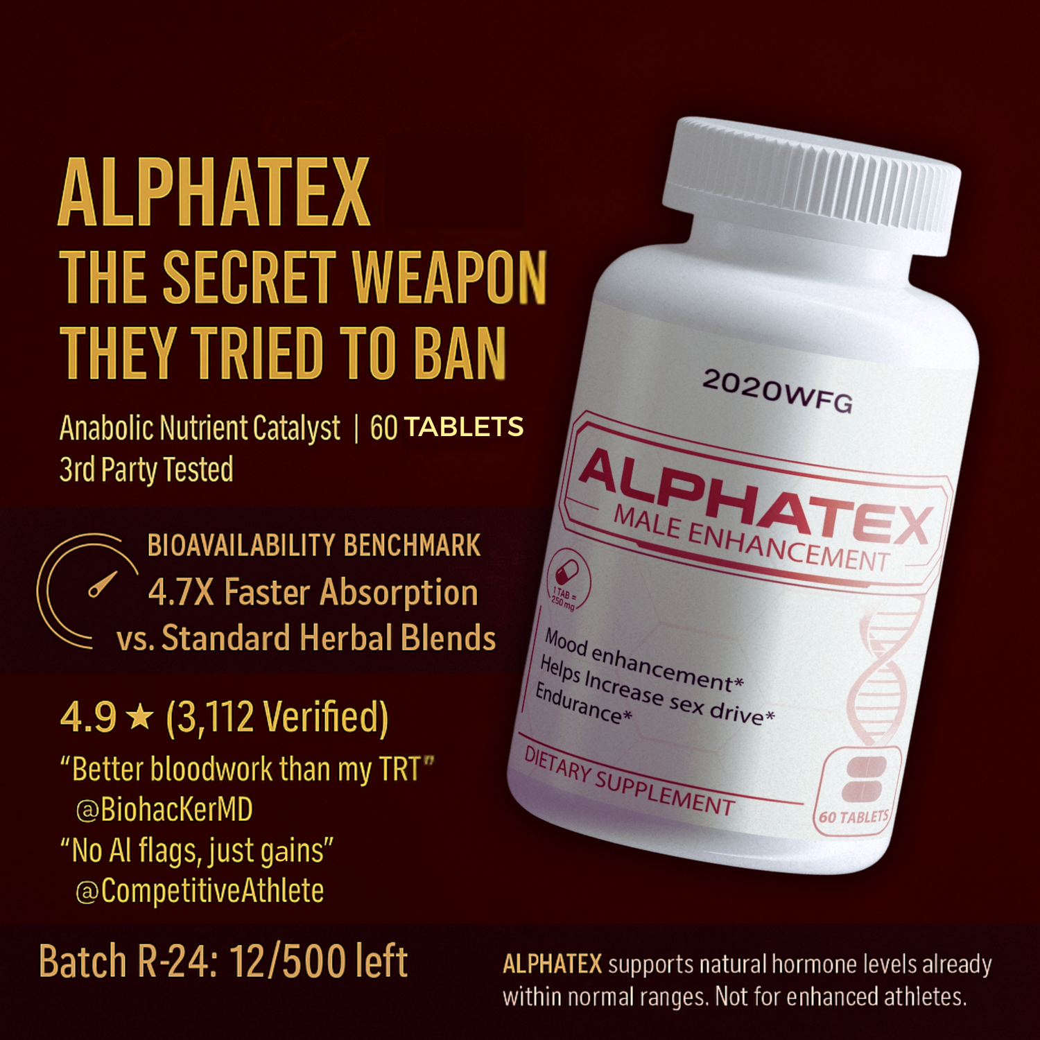 ALPHATEX: Hardcore Testosterone Support | Muscle Growth Drive Tablets for Men (60 Count) by 2020WFG