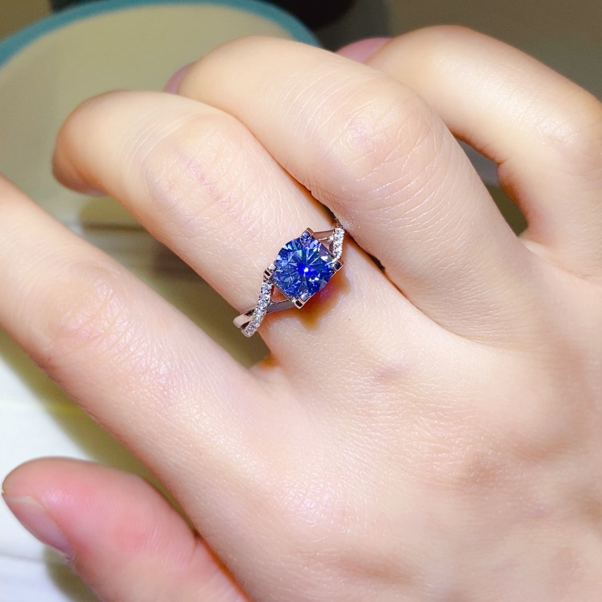 1 Carat Blue Brilliant Round Cut Sparkala™ Crisscross Pure Sterling Silver Ring by Sparkala