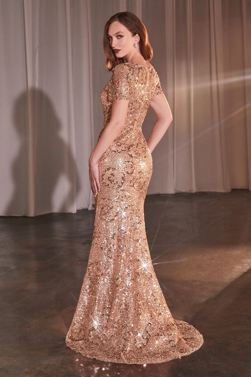 Ladivine CC3700 Rose Gold Floral Motif Sequin Fit and Flare Dress by DiscountDressShop
