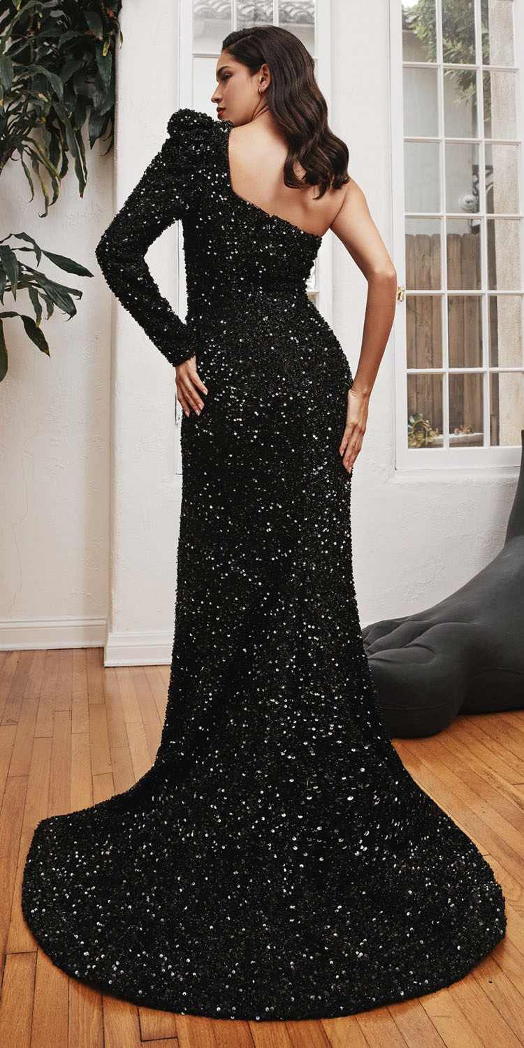 Cinderella Divine CD885 One Shoulder Long Sleeve Fitted Sequin Gown by DiscountDressShop