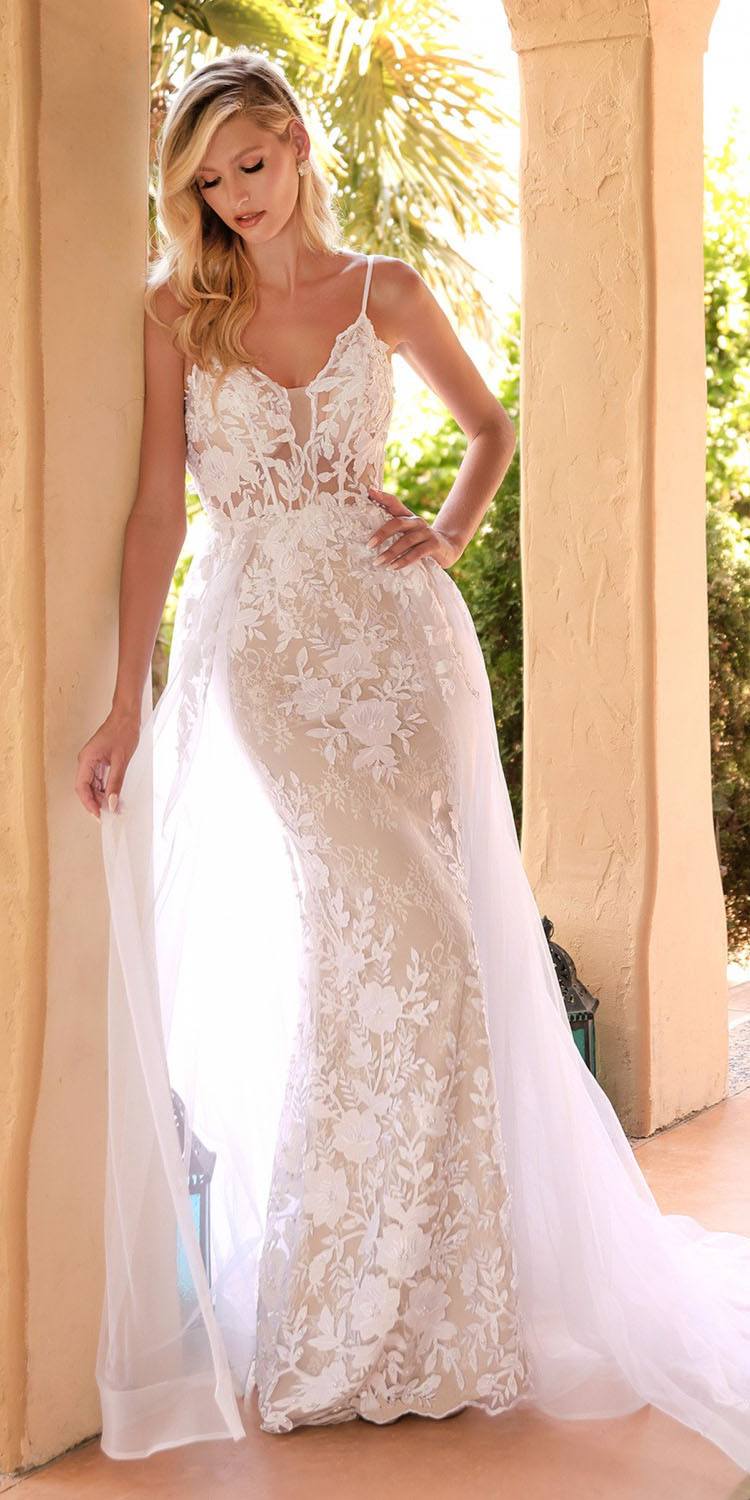 Cinderella Divine CD931W Lace Wedding Gown Sheer Overlay Lace Applique by DiscountDressShop