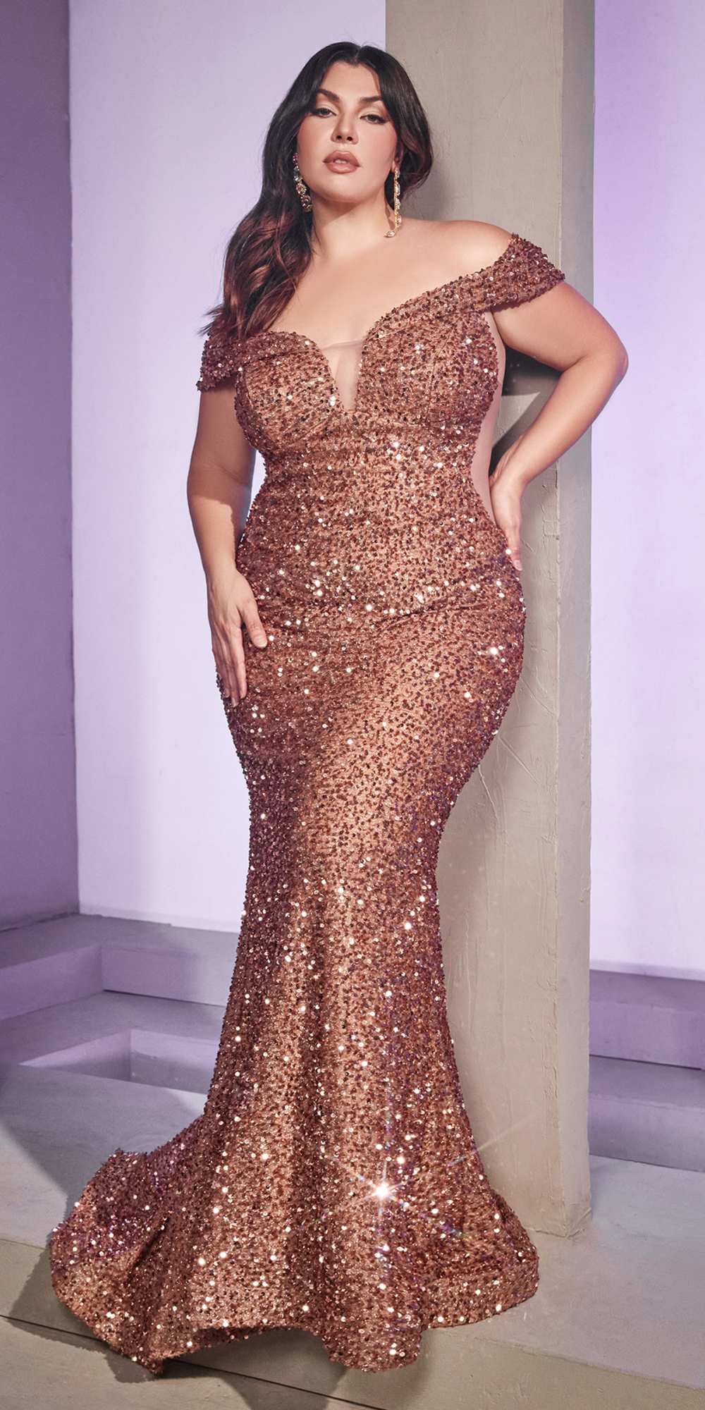 Cinderella Divine CD975 Long Off The Shoulder Sequin Mermaid Gown by DiscountDressShop