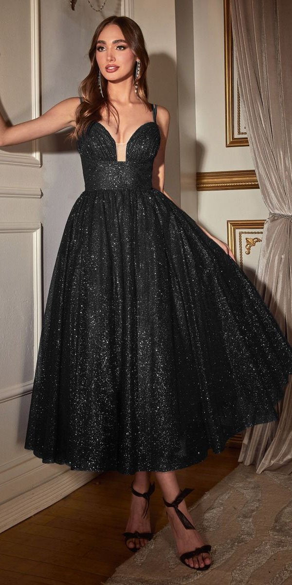 Ladivine CD996T Glitter Flocked Tea Length Dress with Side Pockets by DiscountDressShop