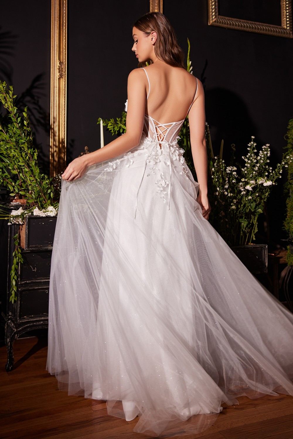 Ladivine CM321W Floor Length Floral Applique A-Line Tulle Bridal Gown by DiscountDressShop