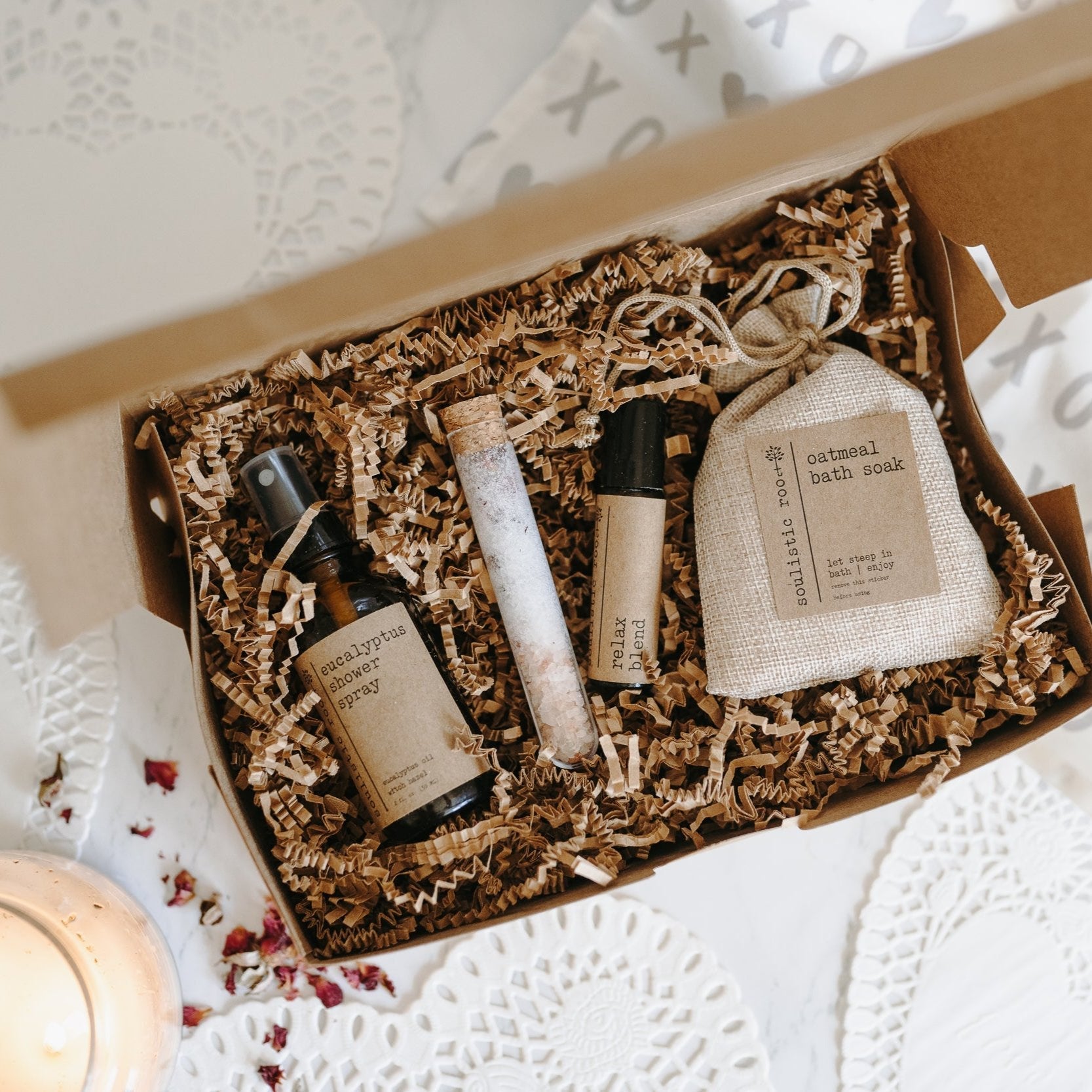 Gift Set- Shower Spray, Relax Roller, Oatmeal Soak & Rose Bath Salt by Soulistic Root