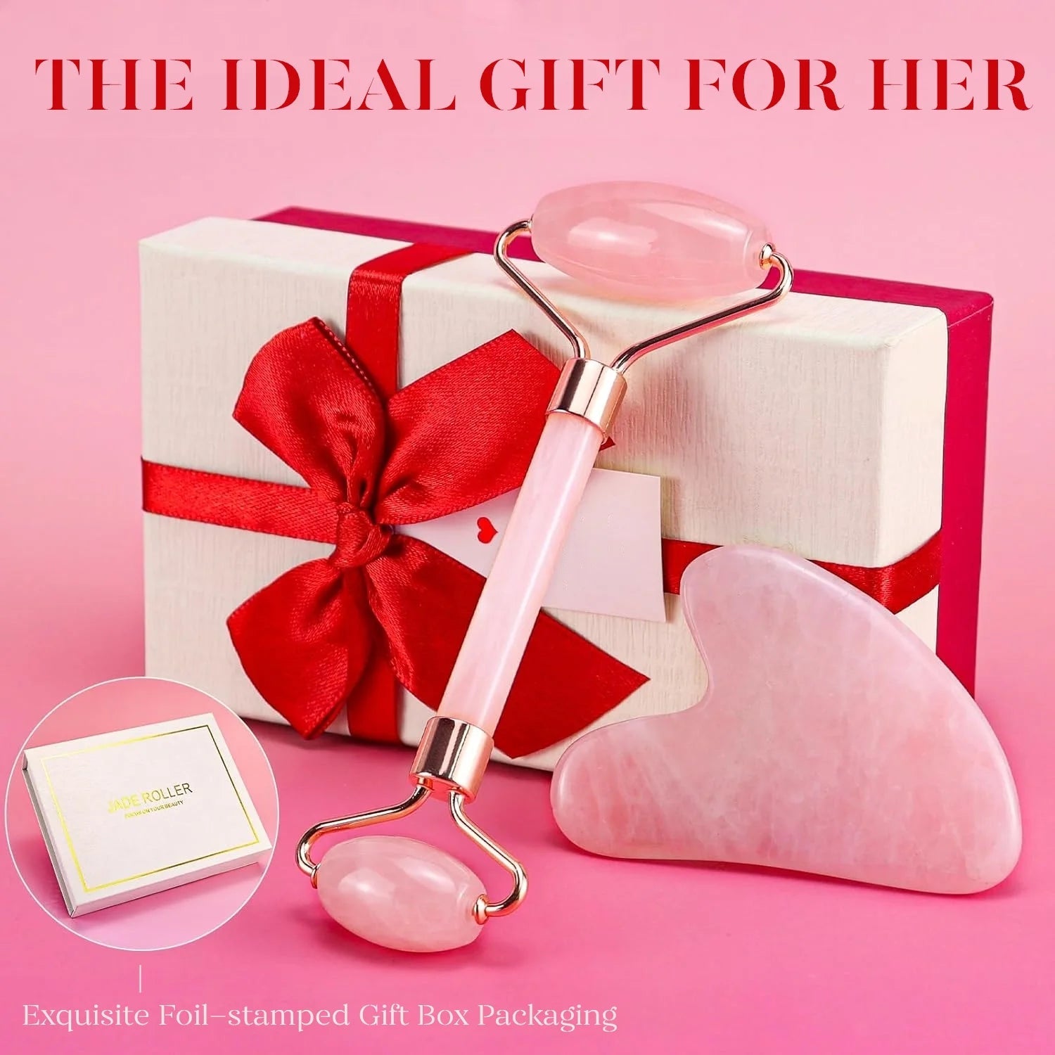 Jade Roller & Gua Sha, Natural Jade Face Roller Gua Sha Facial Tools Skin Care Massager, Pink by Korean Skin Care