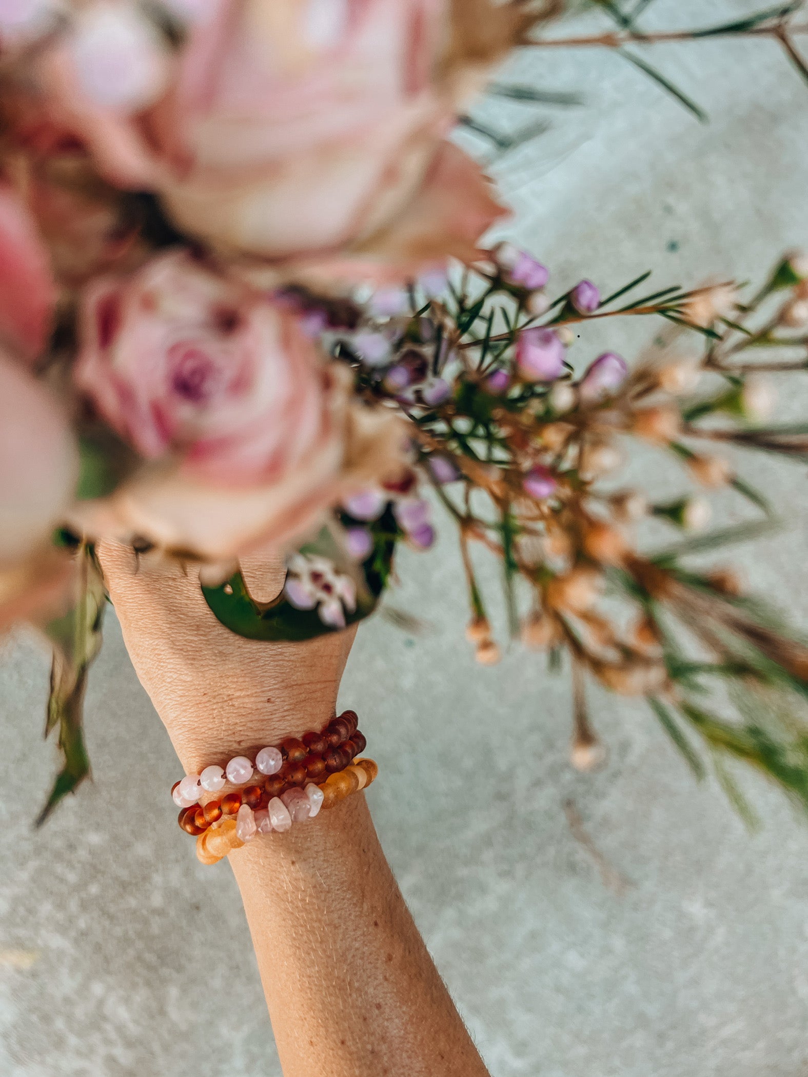 Raw Honey Baltic Amber + Raw Rose Quartz || Anklet or Bracelet by CanyonLeaf