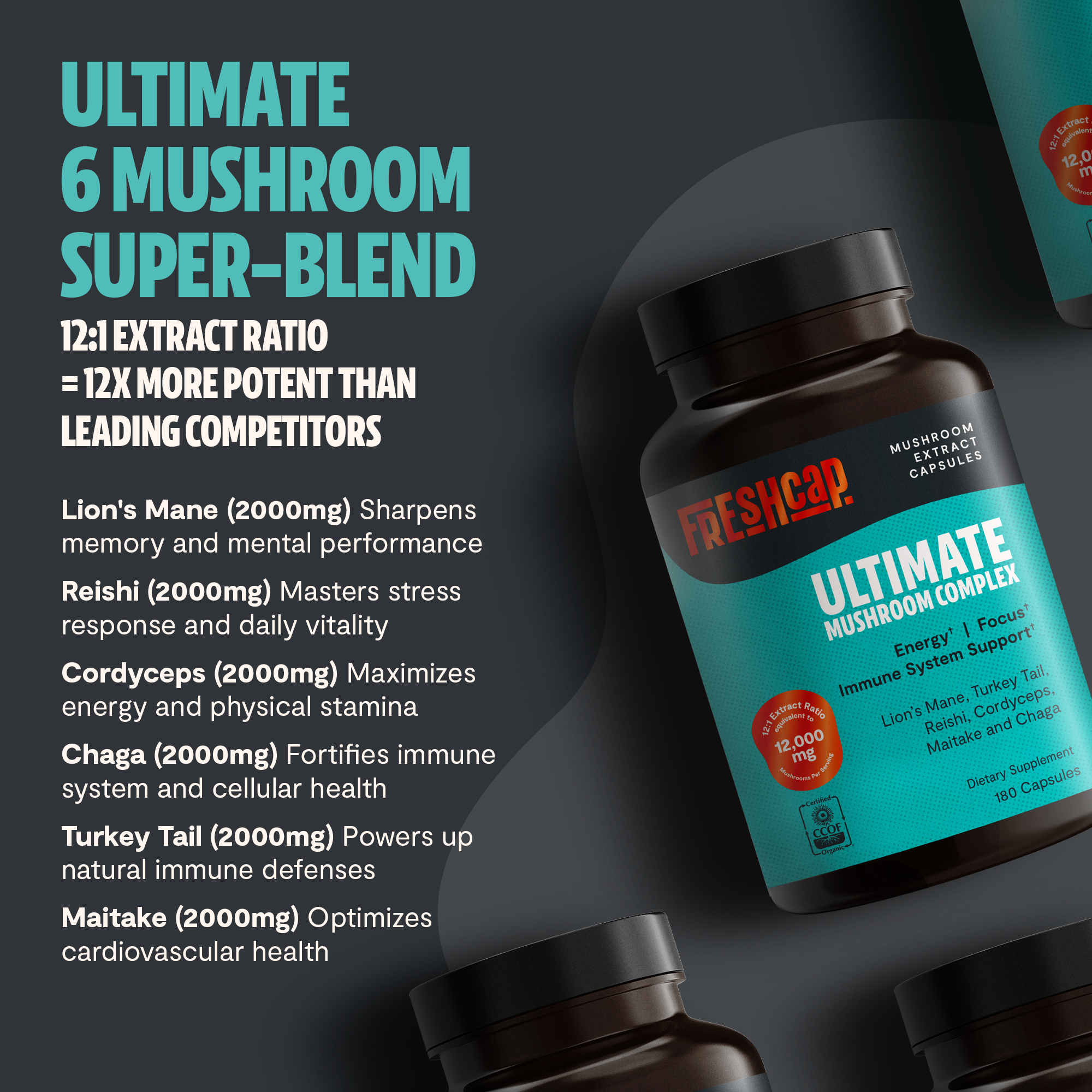 Organic Mushroom Complex Supplement Capsules by FreshCap Mushrooms