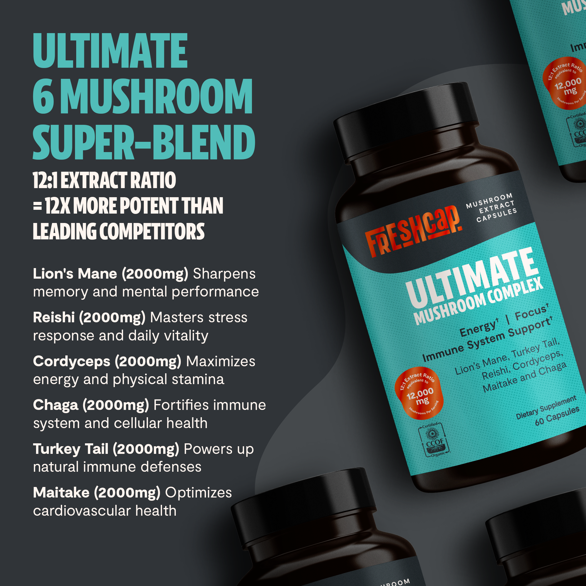 Organic Mushroom Complex Supplement Capsules by FreshCap Mushrooms