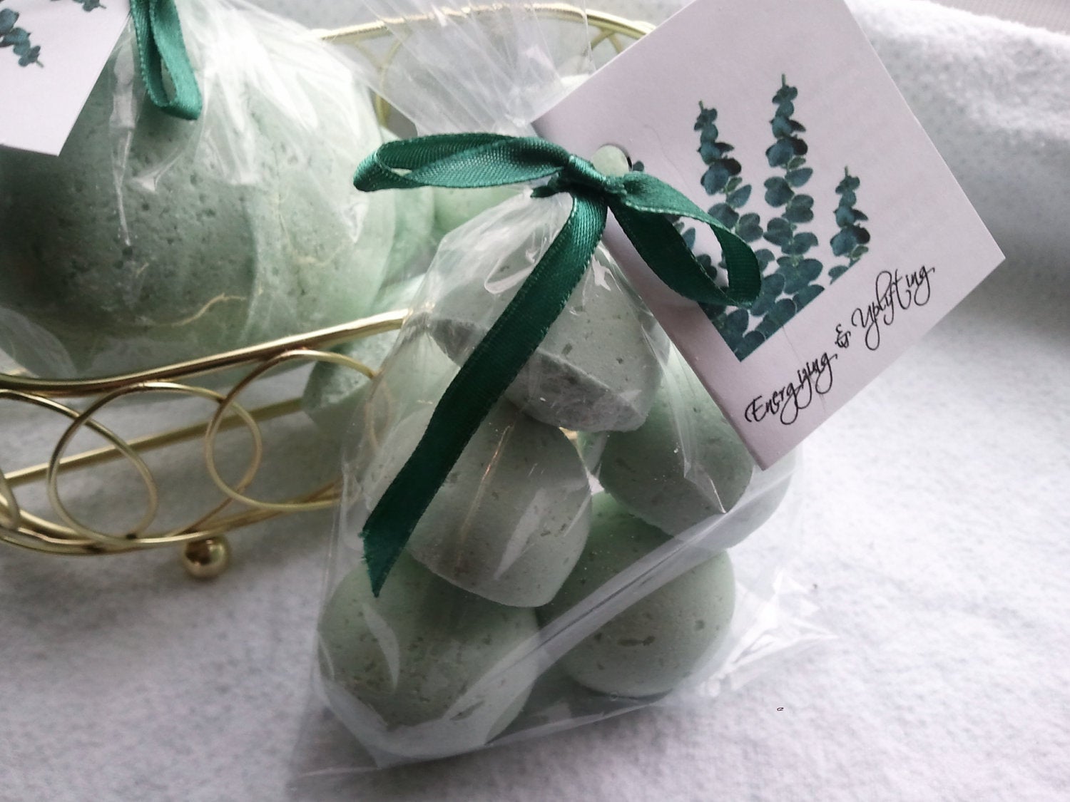 14 bath bombs Eucalyptus & Spearmint Essential Oils gift bag bath fizzies, especially good for colds and flus by Spa Pure