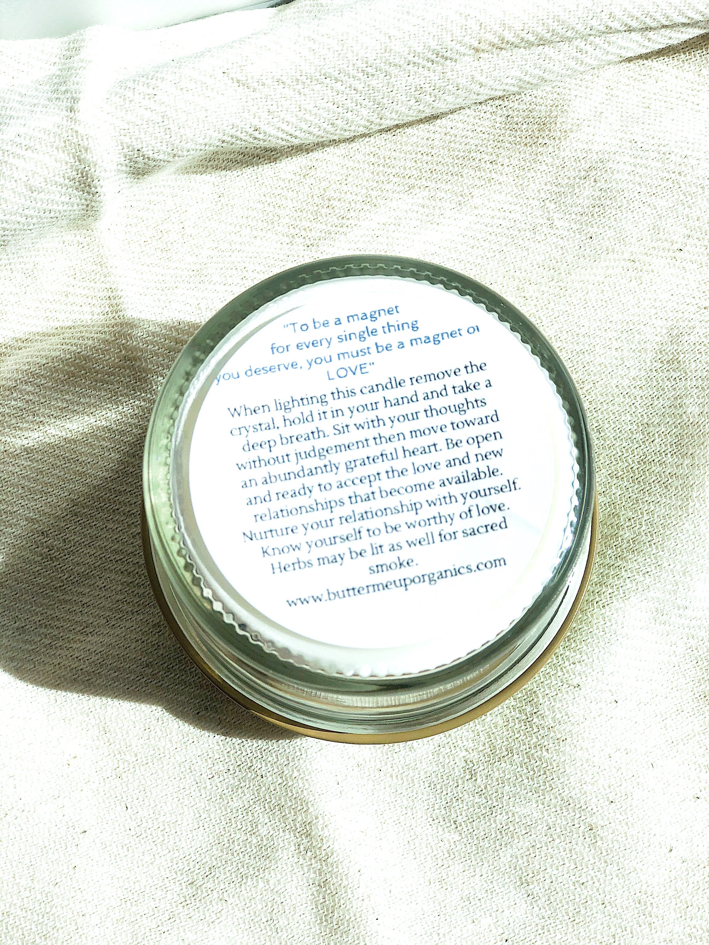 Love Spell / Intention Candle/ Ritual Candle / Love and Light / Rose Quartz / Crystal Candle by Butter Me Up Organics