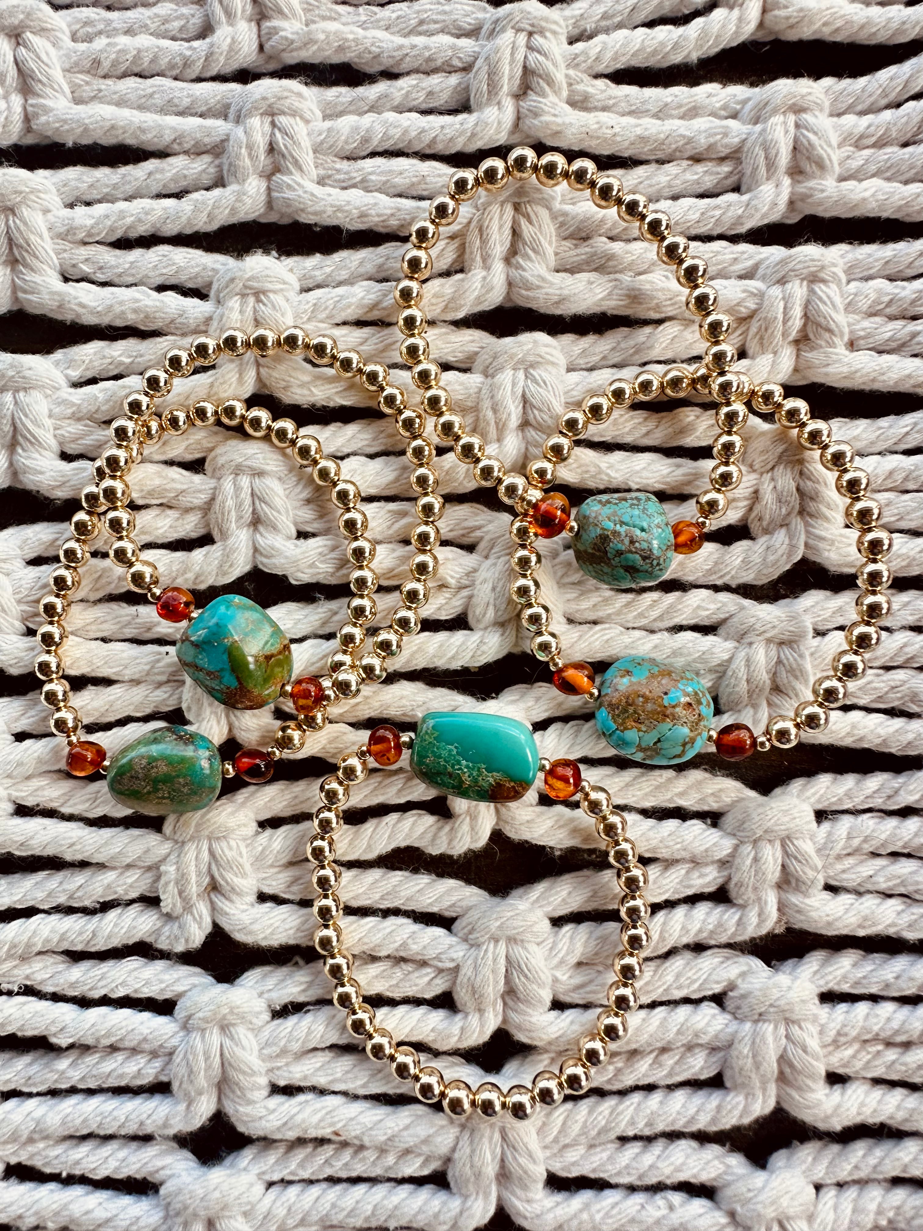 Natural Turquoise + Baltic Amber || 14K Gold Filled || Adult Stretch Bracelet by CanyonLeaf