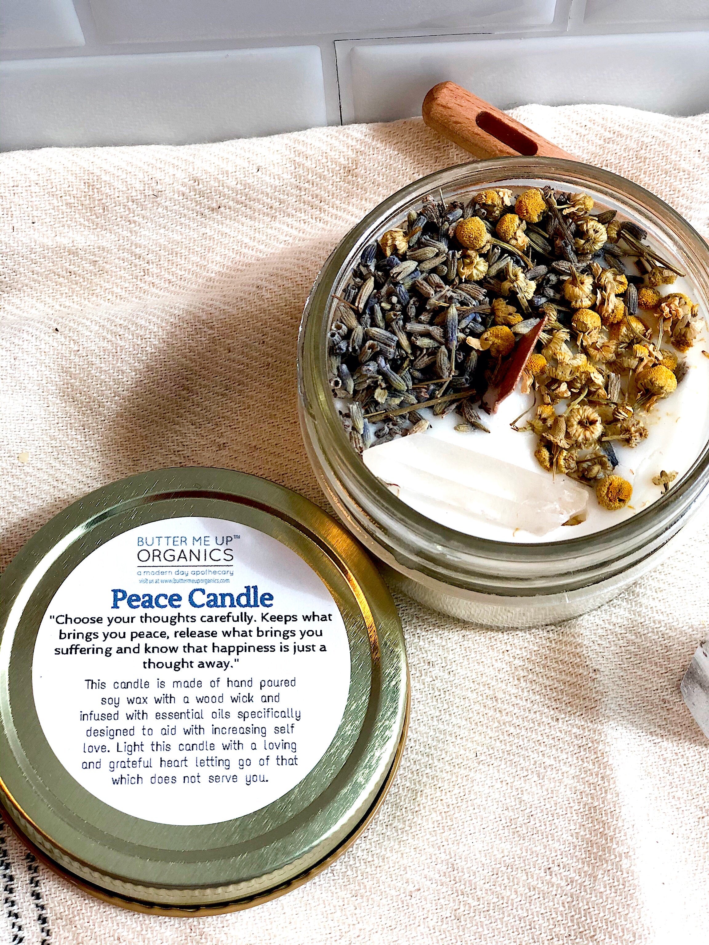 Peace Candle / Serenity Candle / Intention Candle / Ritual Candle / Crystal Candle / Pretty Candle / Organic Soy Wax Candle / Botanicals by Butter Me Up Organics