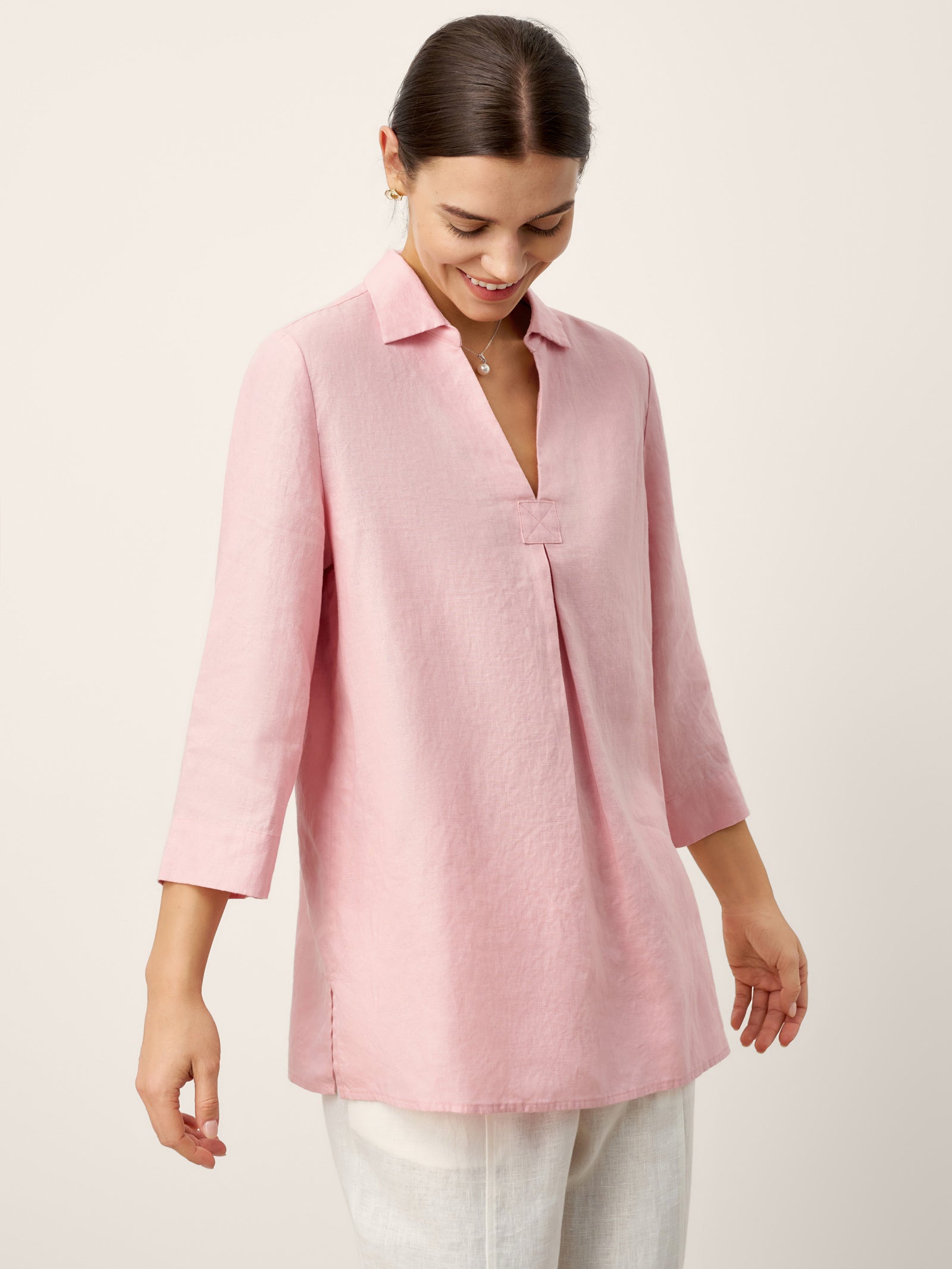 100% Linen Layered Lapel V-neck Sculpted Front Pleat Longline Top ODALYS by LINTICO