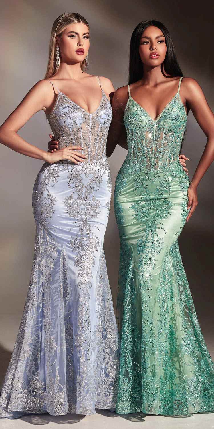 Ladivine J810 Long Fitted Floral Glitter Print Corset Gown by DiscountDressShop