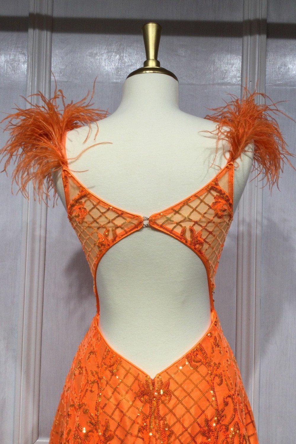 Ladivine KV1076 Floor Length Neon Orange Ball Gown with Feathers by DiscountDressShop