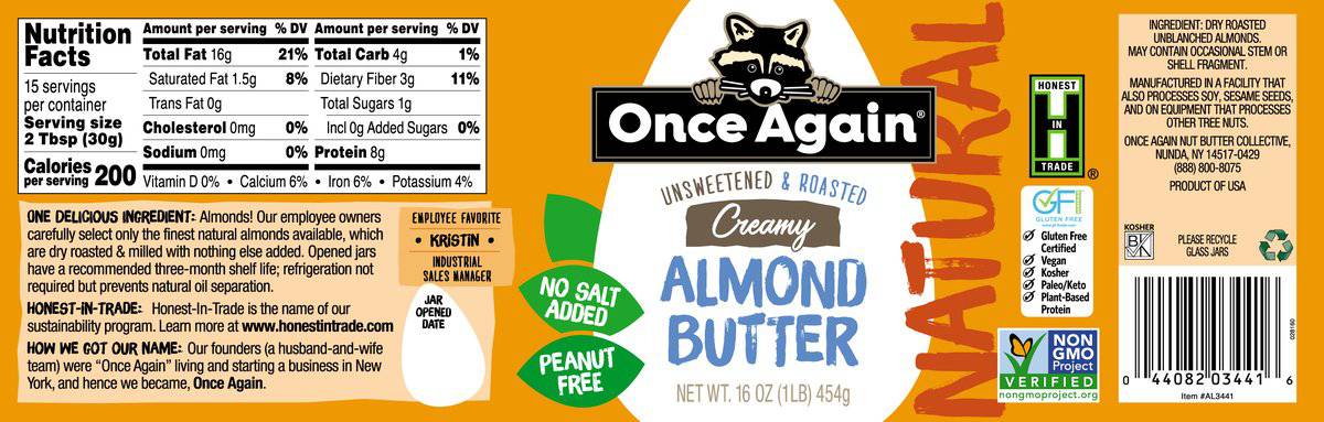 Almond Butter, Creamy, No Salt by Country Life Natural Foods