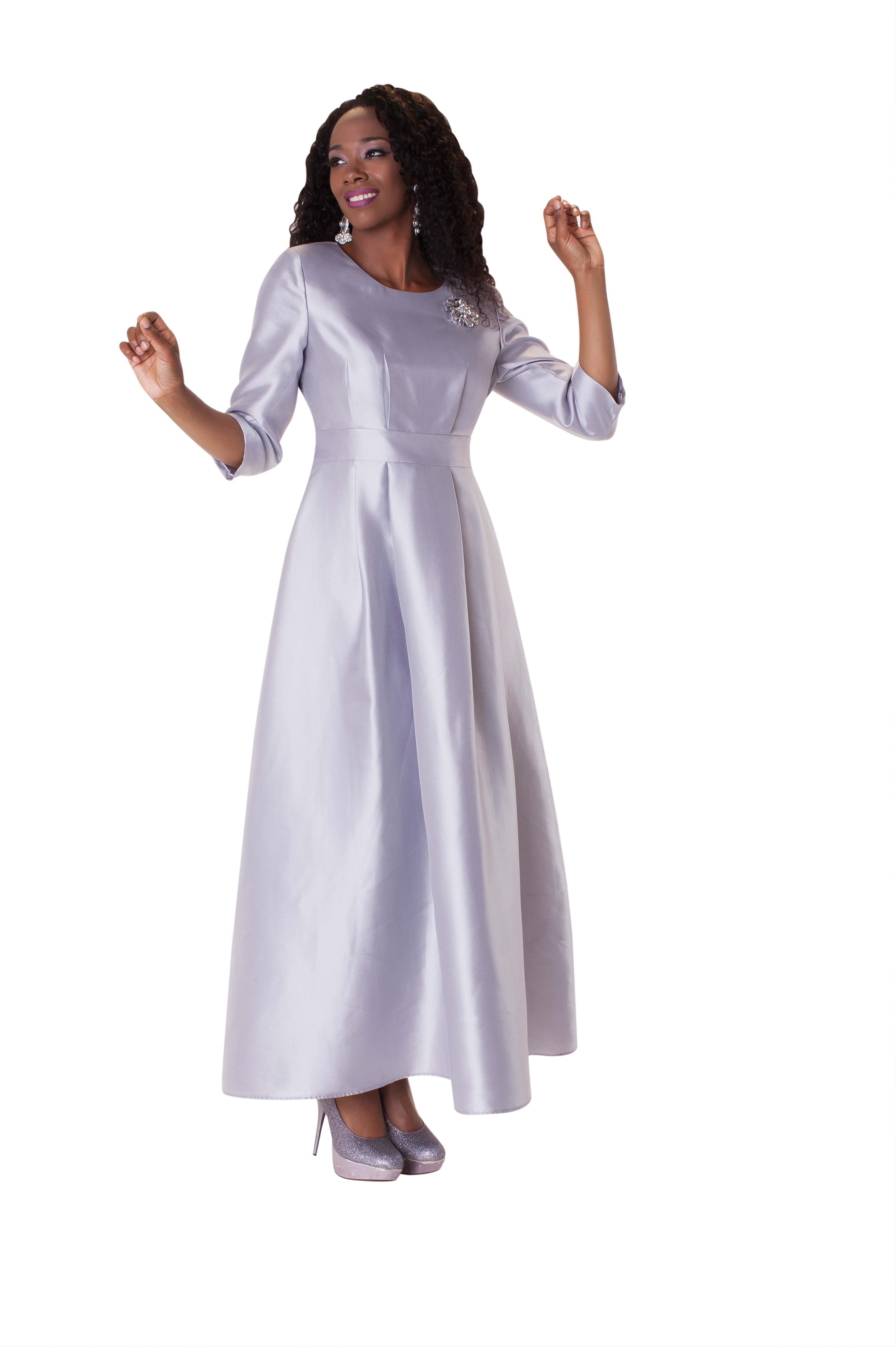 Plus Size Satin Dress with Rhinestone Brooch -4497W by Tally Taylor