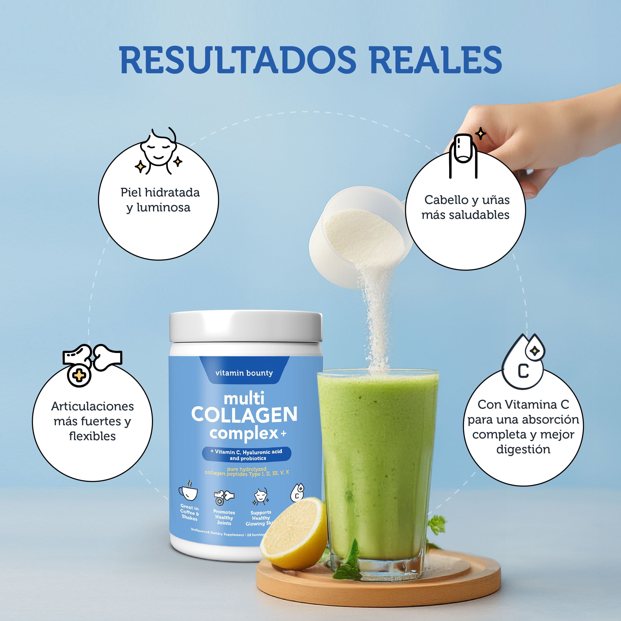 Colágeno Hidrolizado 5 en 1 con Ácido Hialurónico, Vitamina C y Probióticos by Vitamin Bounty