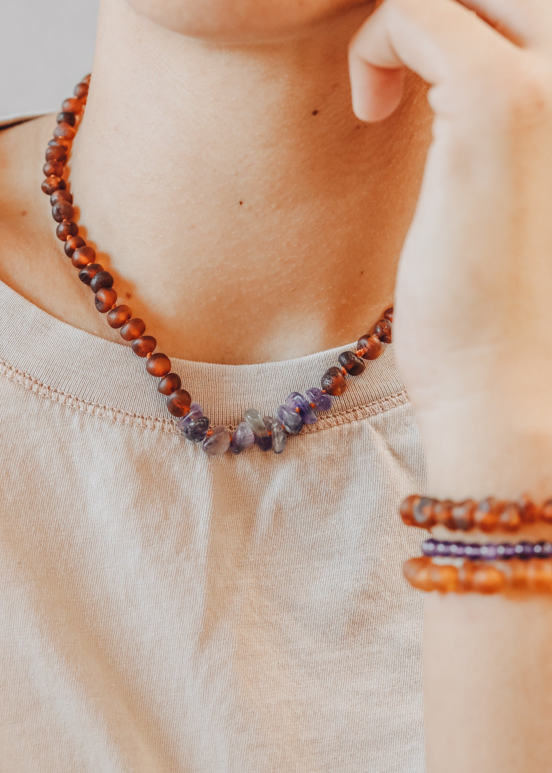 Raw Cognac Baltic Amber + Raw Amethyst || Necklace by CanyonLeaf