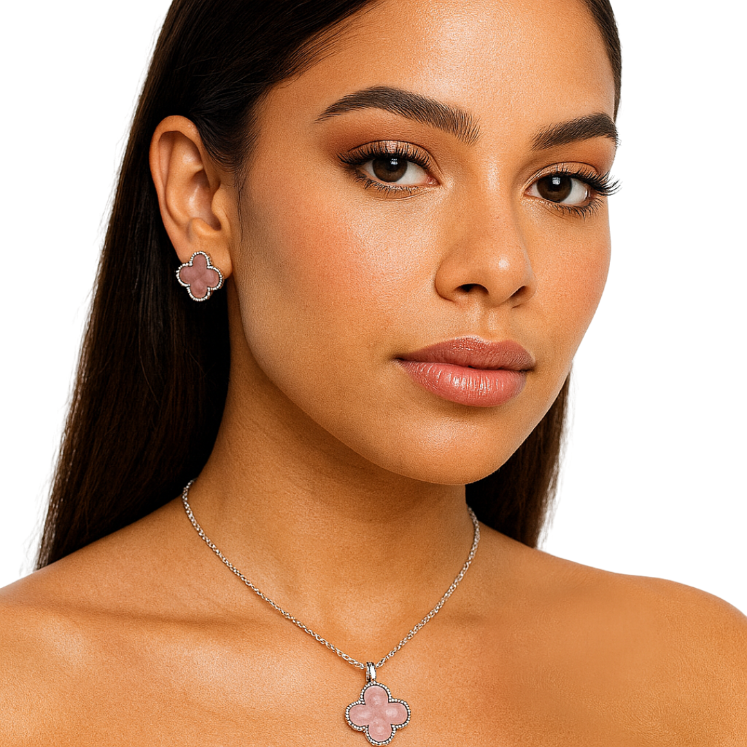Valentina Pink Clover Enamel Necklace & Earrings Jewelry Set by Farmacias Savia