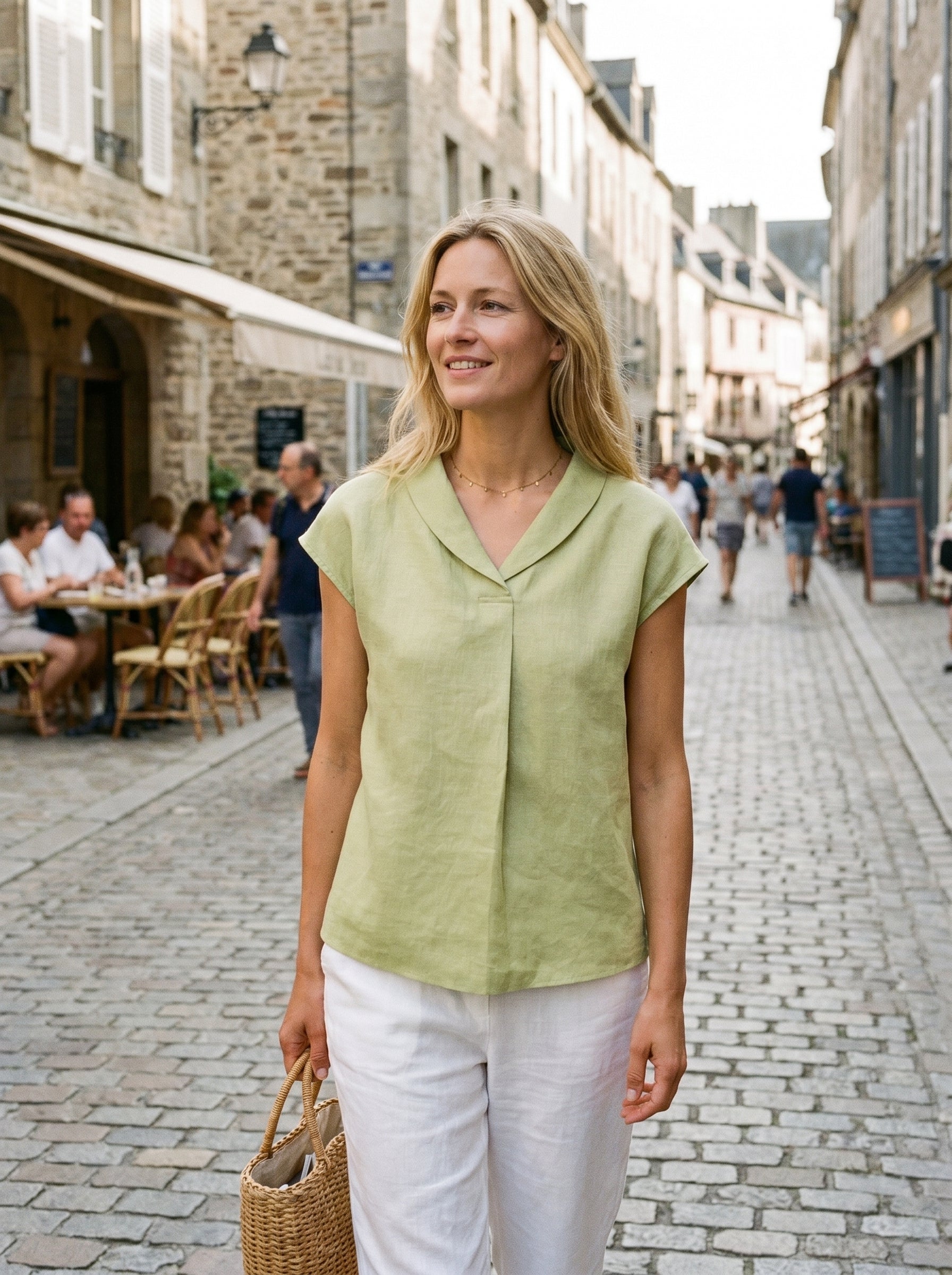 100% Linen Shawl V-Neck Cap Sleeves Top ELARA by LINTICO