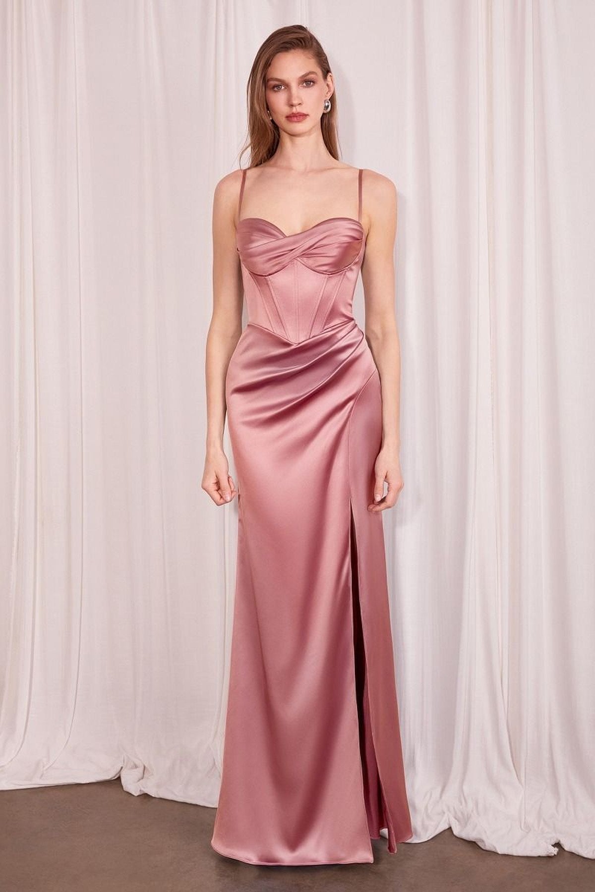 Ladivine Amoris T608 Long Fitted Satin Prom Gown Corset Bodice Slit by DiscountDressShop