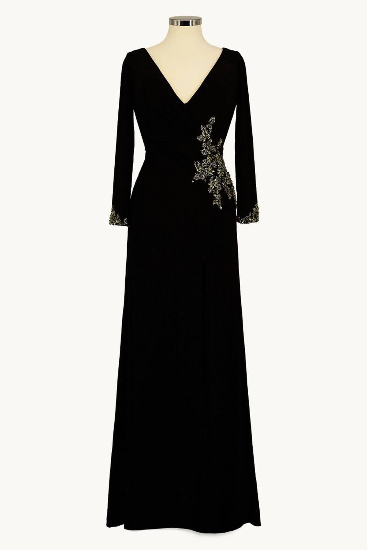 Ladivine Amoris T809 Long Sleeve V-Neckline Embellished Leg Slit Gown by DiscountDressShop