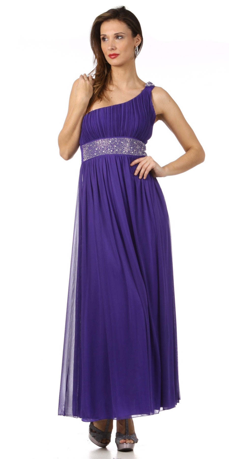 CLEARANCE - Celavie 2095L Dinner Party Long Plum One Shoulder Dress Chiffon (Size XL) by DiscountDressShop