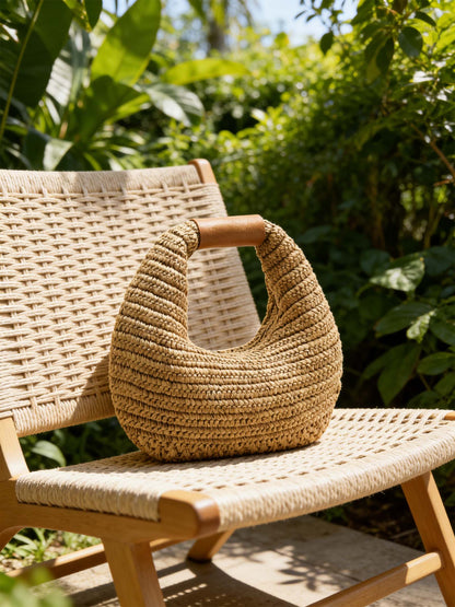 Round Crochet Woven Handheld Straw Bag by LINTICO