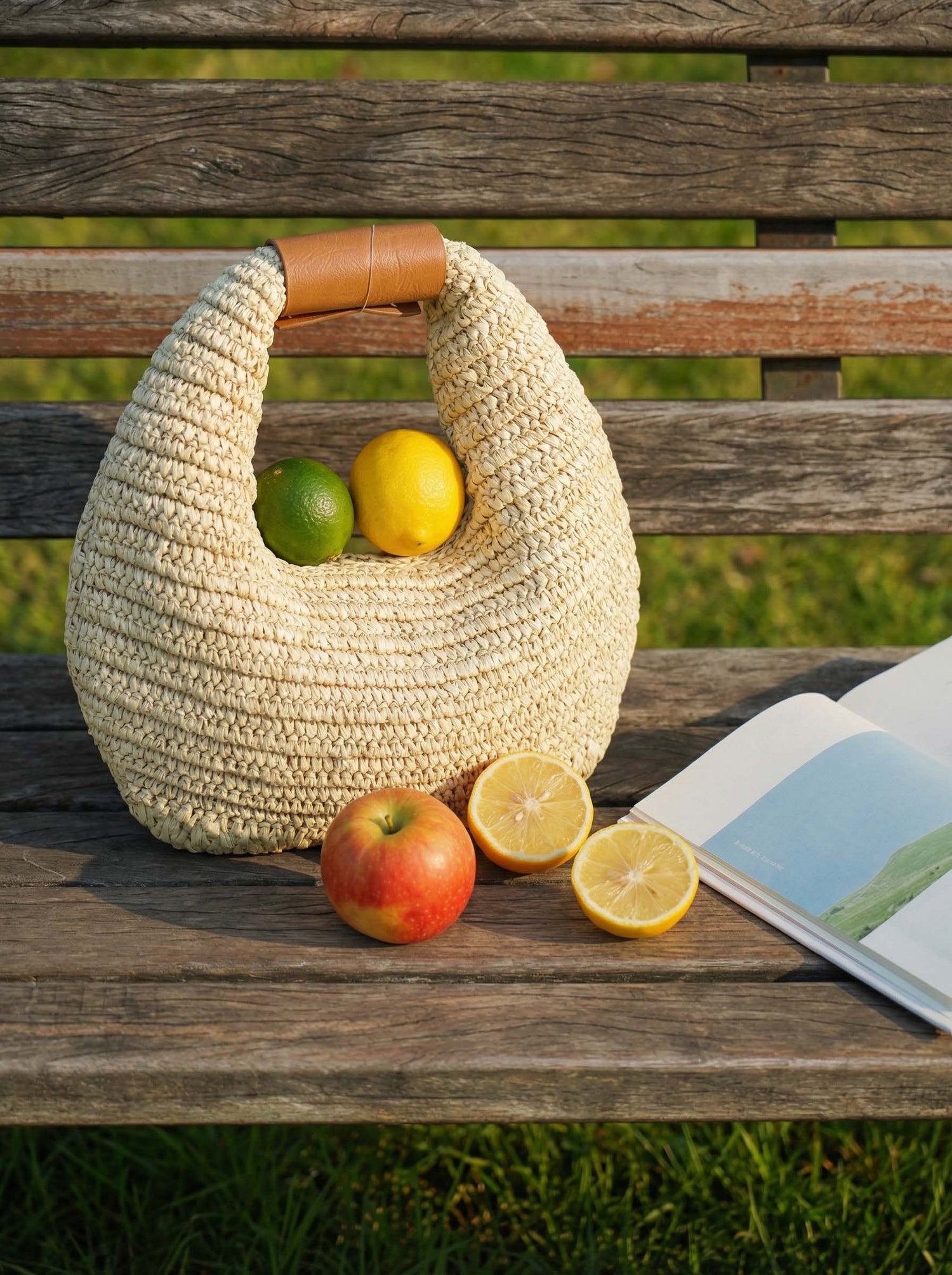 Round Crochet Woven Handheld Straw Bag by LINTICO