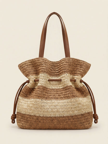 Crochet Woven Drawstring Shoulder Tote Bag by LINTICO
