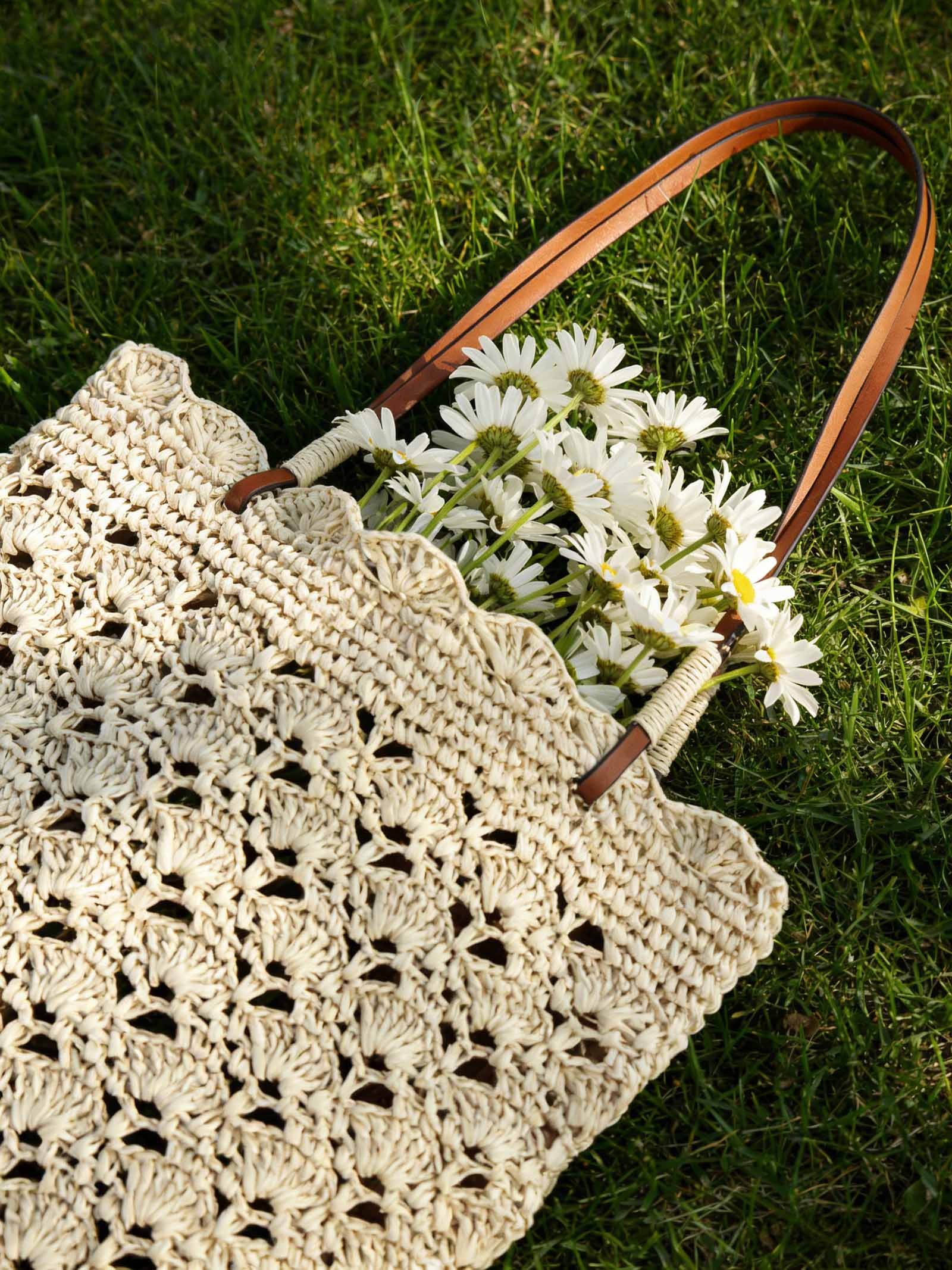 Crochet Woven Fan-Shape Shoulder Tote Bag by LINTICO