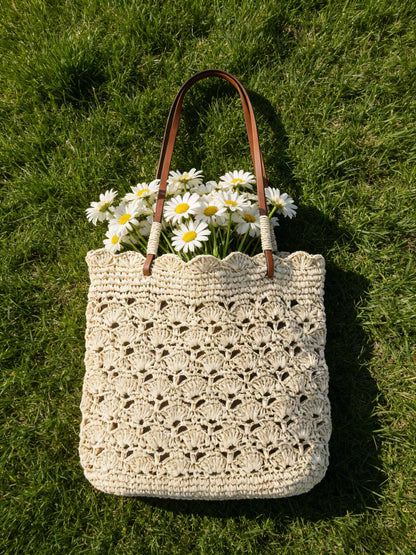 Crochet Woven Fan-Shape Shoulder Tote Bag by LINTICO
