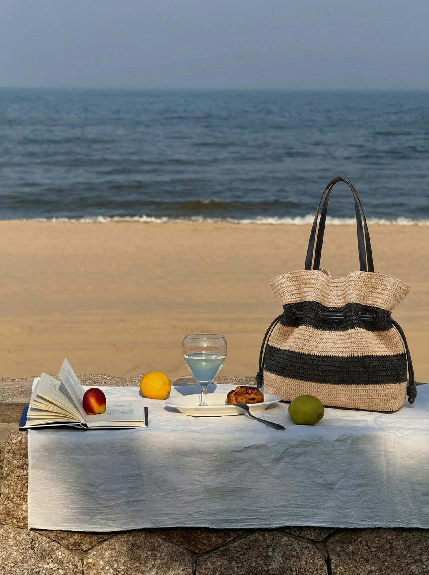 Crochet Woven Drawstring Shoulder Tote Bag by LINTICO