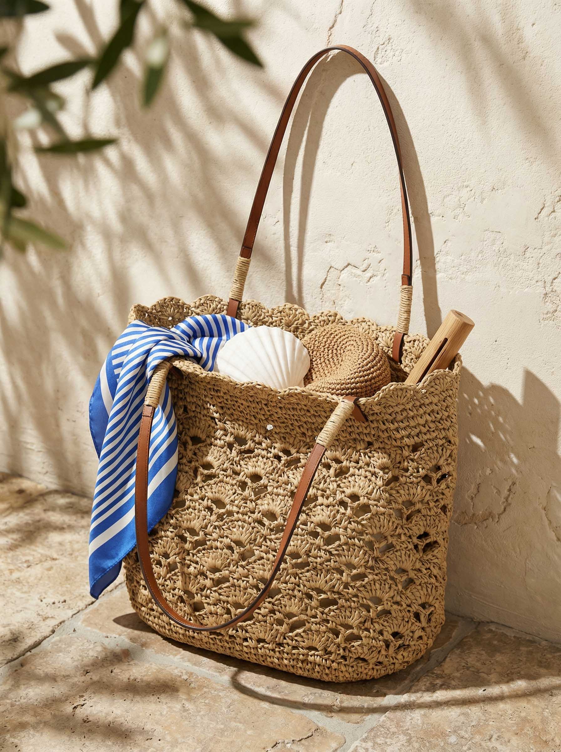Crochet Woven Fan-Shape Shoulder Tote Bag by LINTICO