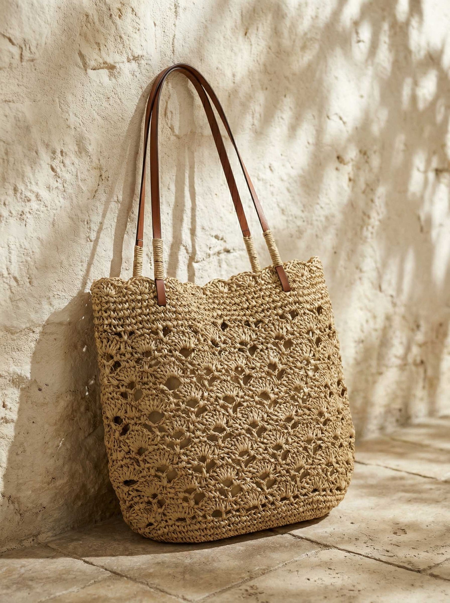 Crochet Woven Fan-Shape Shoulder Tote Bag by LINTICO