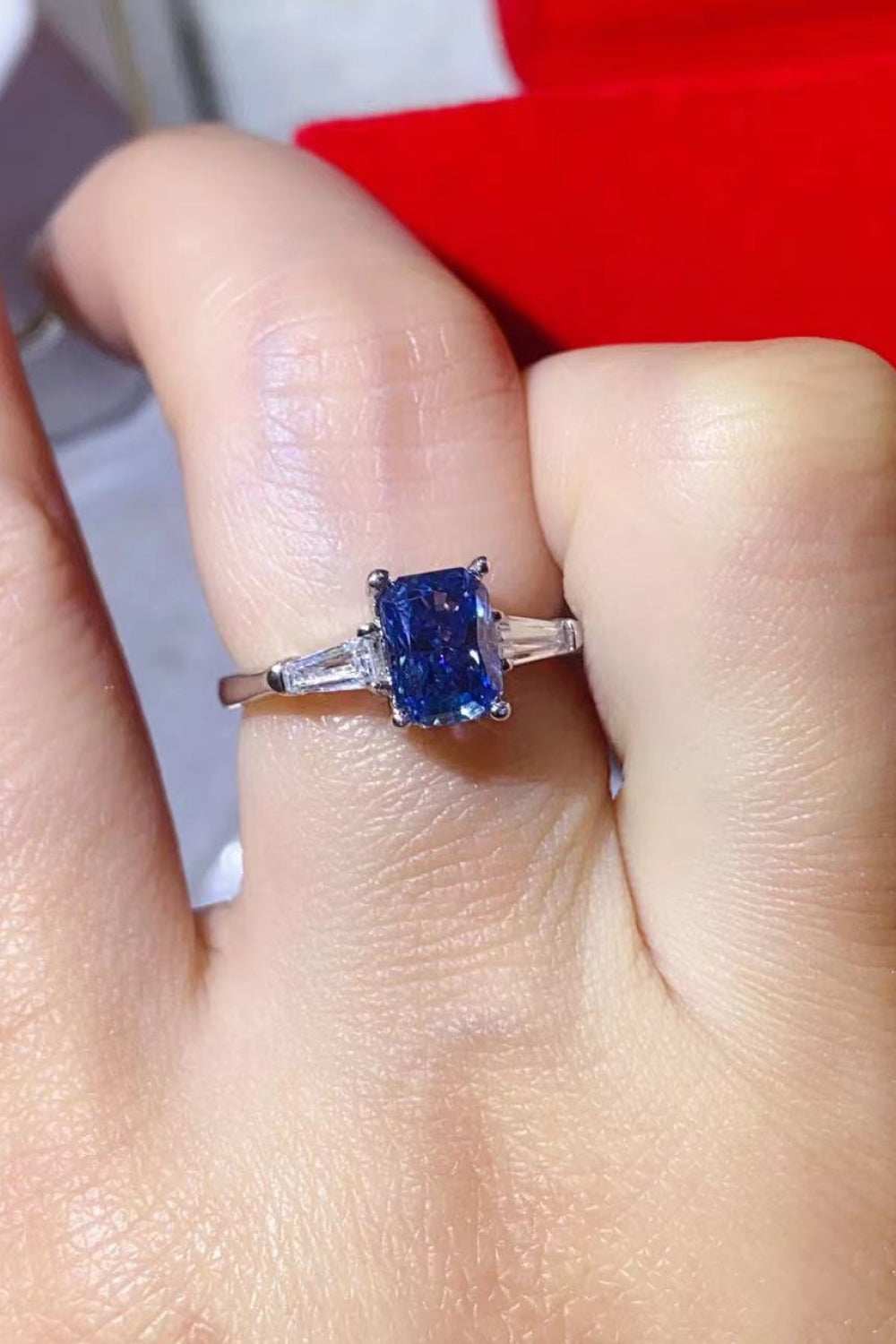 1 Carat Blue Radiant-Cut Sparkala™ Platinum-Plated Rectangle Ring in Blue by Sparkala