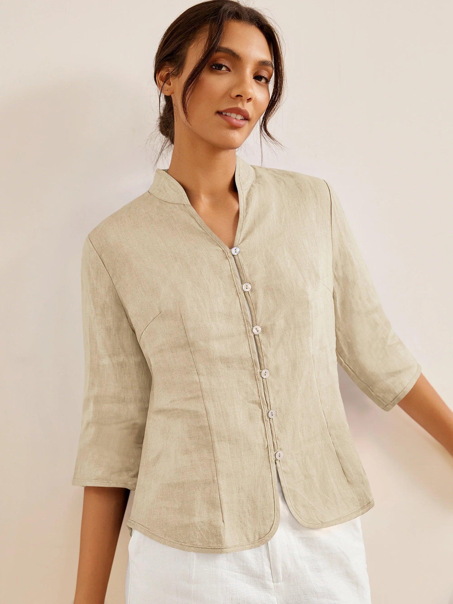 100% Linen Hand Button Fitted Jacket AMELIA by LINTICO